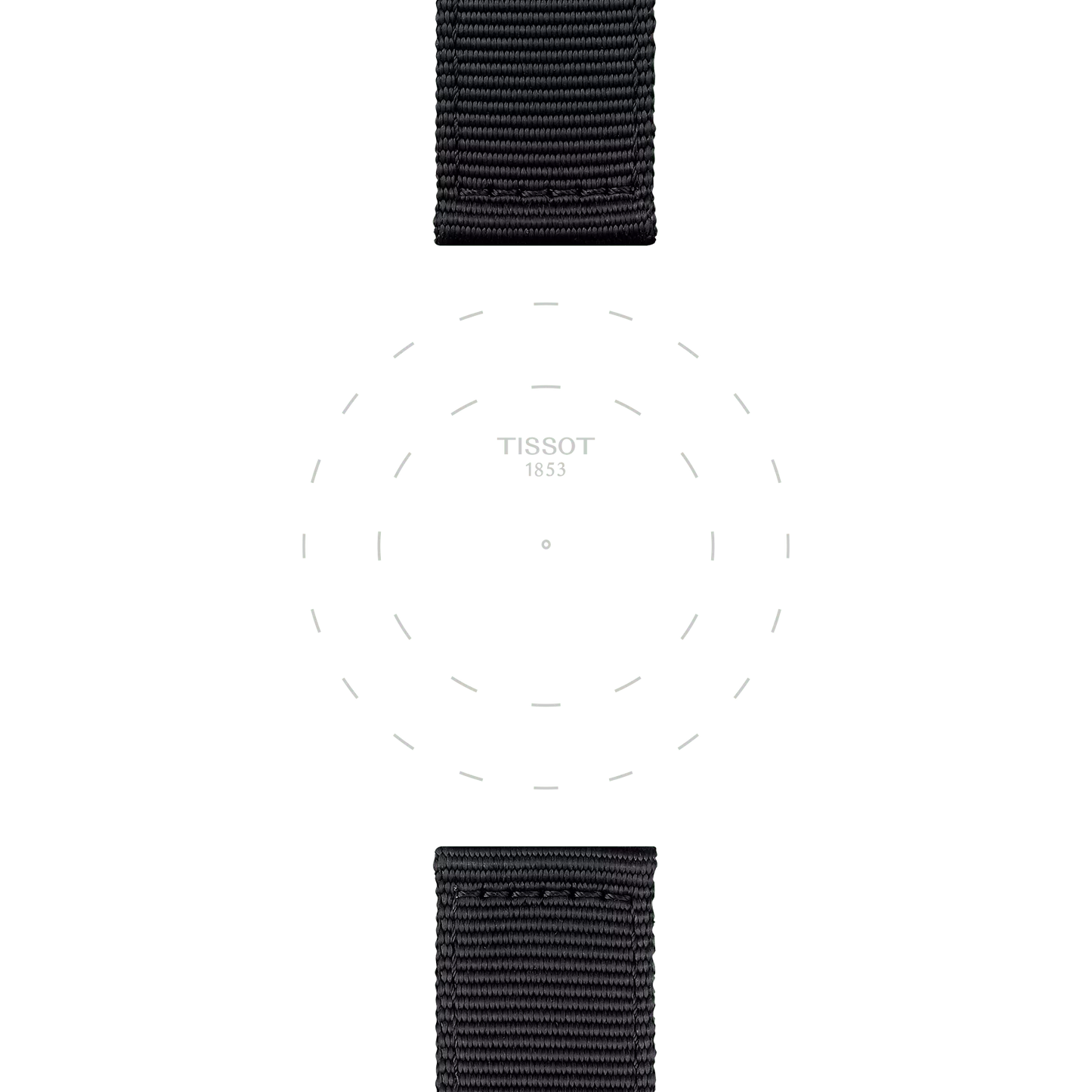 The Tissot Official Black Textile Strap Lugs 22 mm features a minimalist watch face with "Tissot 1853" at the center, circular dotted hour markers, and black textile straps at the top and bottom, set against a white background.