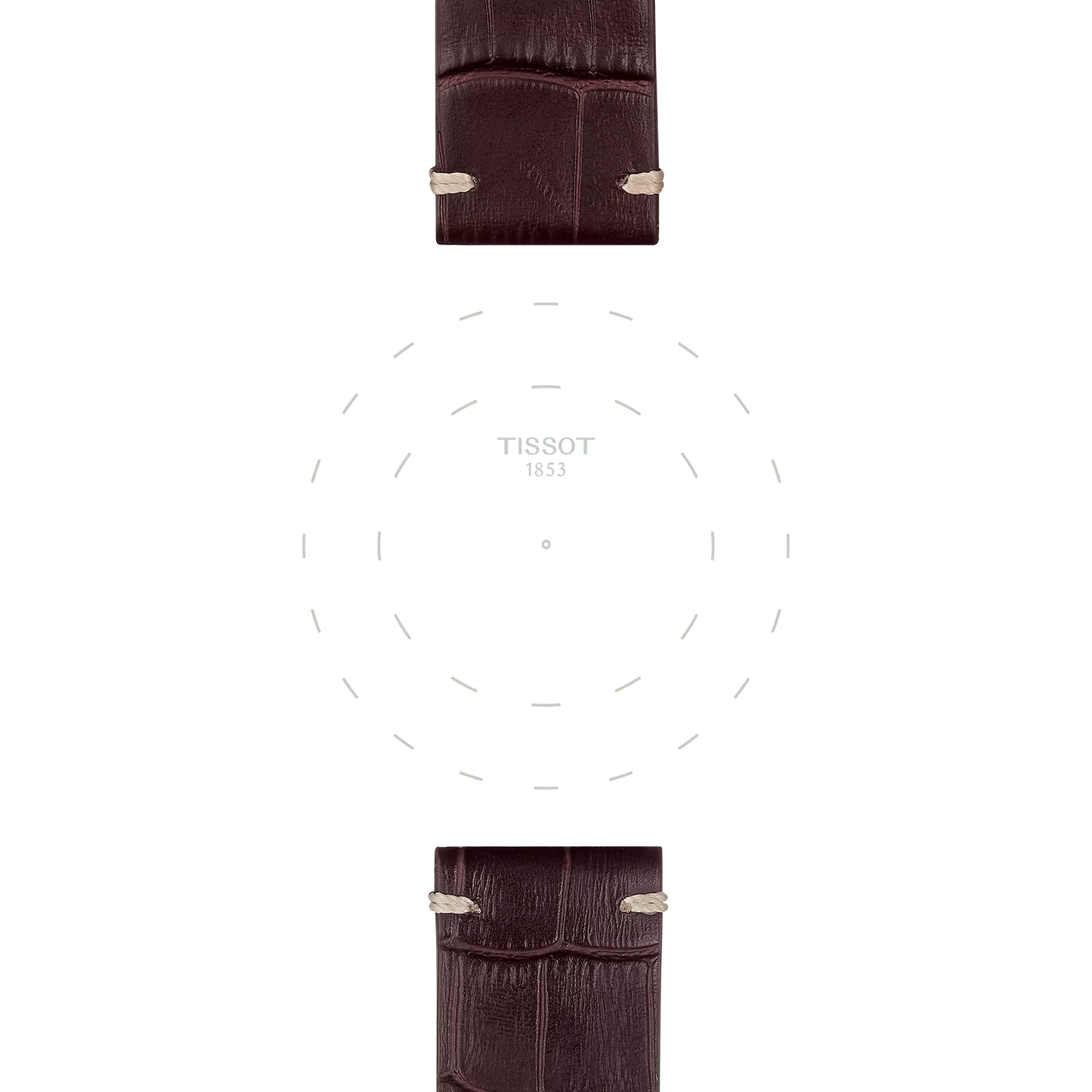 Two sections of the Tissot Official Brown Leather Strap with 22 mm lugs are positioned at the top and bottom of a blank white watch face, which features dotted hour markers and displays the Tissot brand name in the center.