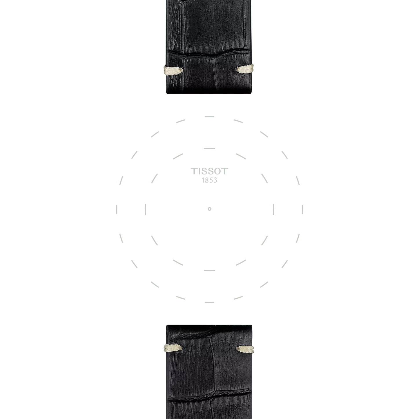 Two Tissot Official Black Leather Straps with 22 mm lugs and visible stitching are vertically aligned above and below a blank watch face featuring the "Tissot 1853" brand name in the center.