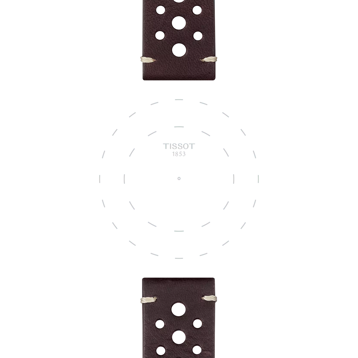 Two sections of the Tissot Official Brown Leather Strap Lugs 22 mm, featuring circular holes, are displayed above and below a faint dashed circle with the "Tissot 1853" logo at the center, all set against a white background.