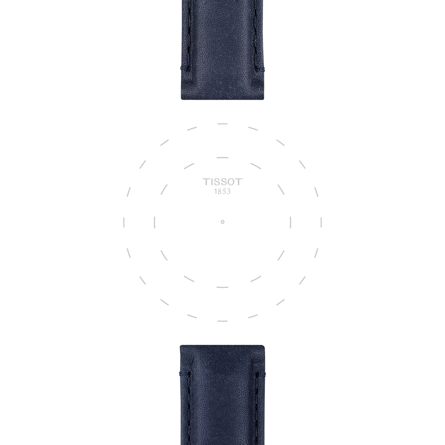 Two Tissot Official Blue Leather Strap Lugs, 20 mm, are displayed at the top and bottom of a white background, framing a faint outline of a watch face featuring the “Tissot 1853” label in the center. No watch hands or numbers are visible.