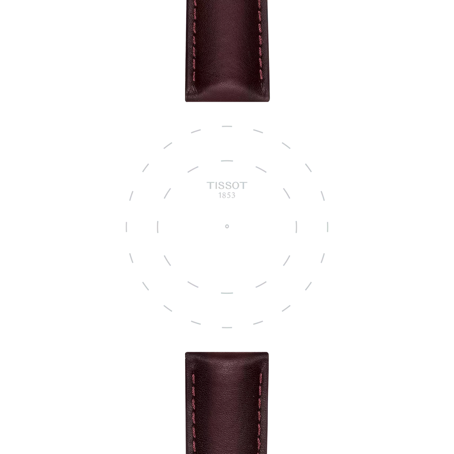 A Tissot Official brown leather strap with 20 mm lugs appears at the top and bottom, framing a white background with faint circular lines and the "TISSOT 1853" text in the center.
