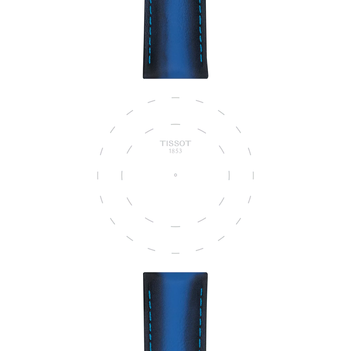 Two Tissot Official Blue Leather Strap Lugs (20 mm), one positioned at the top and one at the bottom, frame a white background featuring a faint watch face outline with the word "TISSOT 1853" in the center.