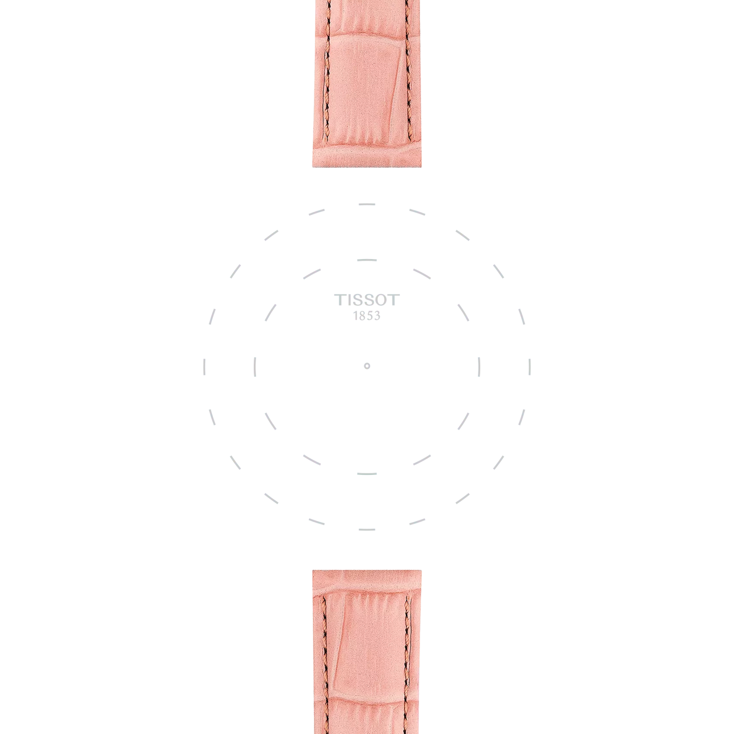 A minimalist watch face featuring the "Tissot" branding at the center, paired with the Tissot Official Pink Leather Strap (Lugs 16 mm) attached at the top and bottom. The dial displays only dotted hour markers, with no hands or numbers present.