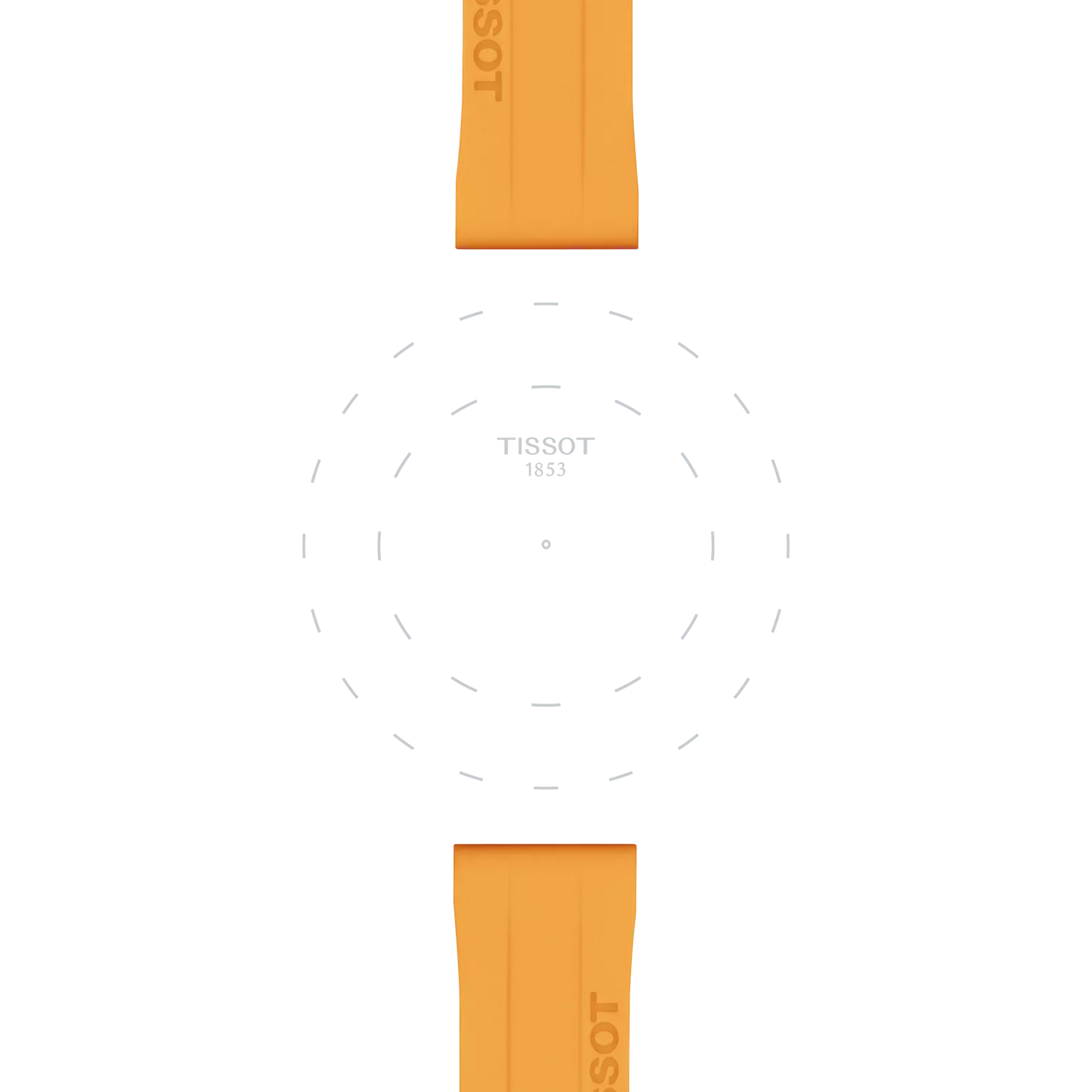 Two Tissot Official Orange Silicone Strap Lugs (18 mm) are positioned at the top and bottom of the image, with a faint, dashed circular outline and the Tissot logo centered on a white background.