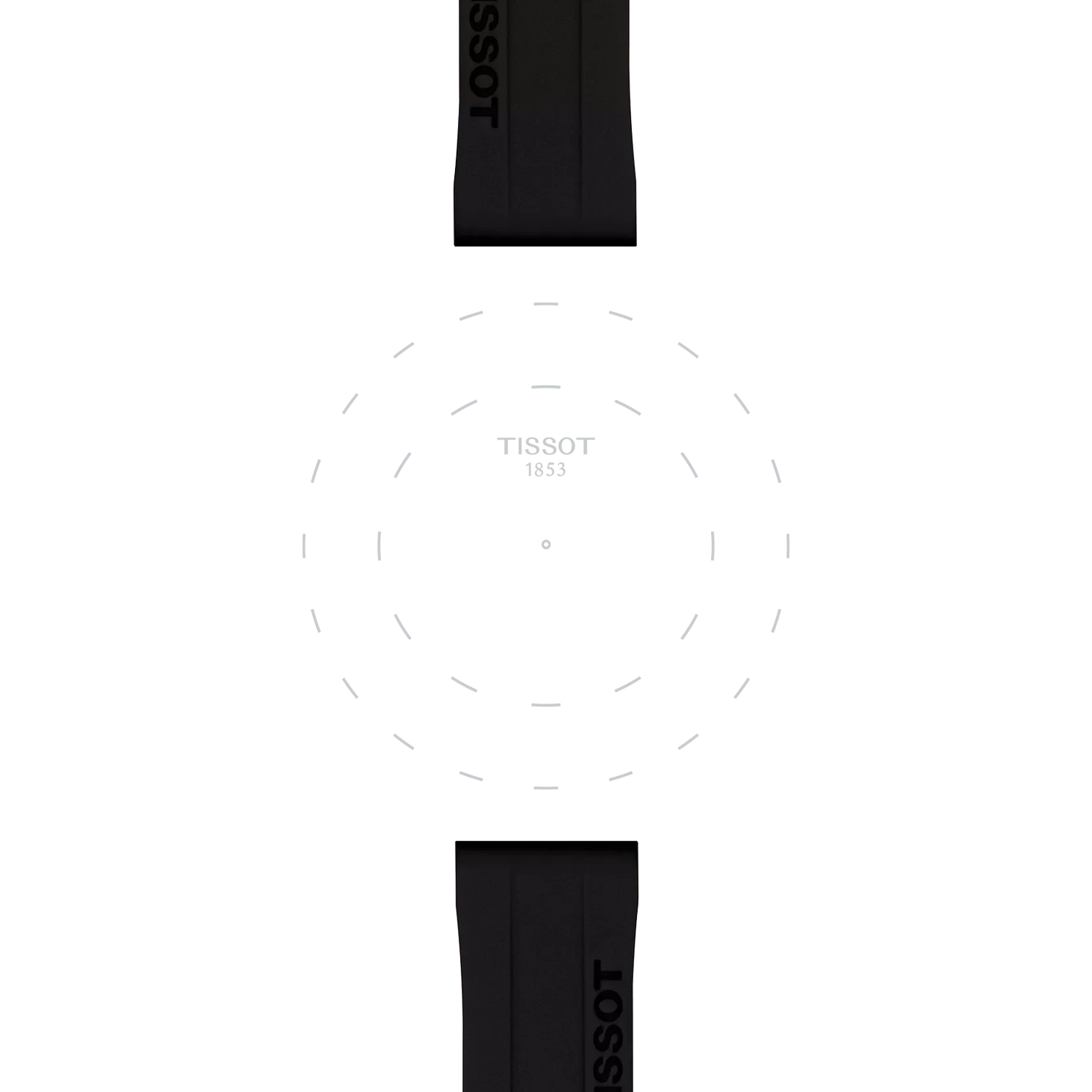 A display of Tissot Official Black Silicone Strap Lugs 18 mm arranged vertically, featuring dashed concentric circles and the "TISSOT 1853" logo centered on a white background.