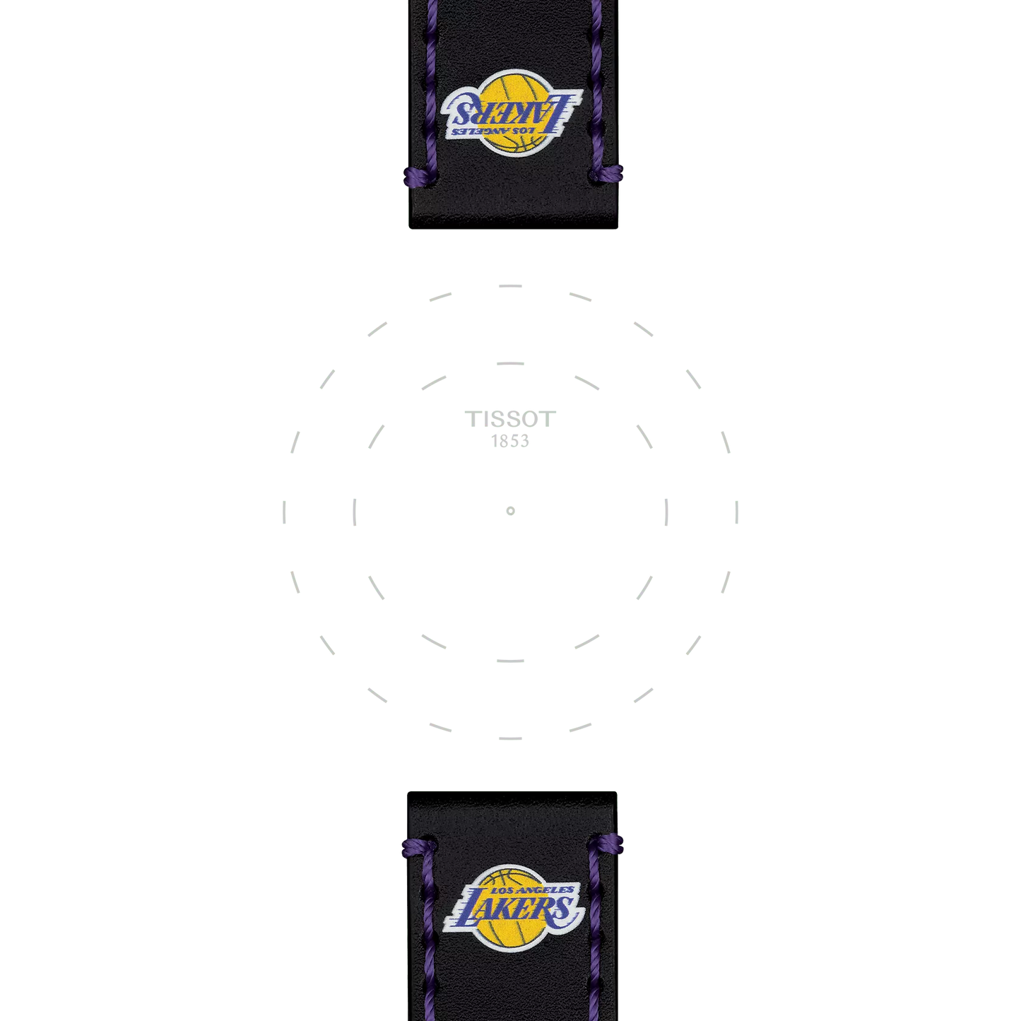 Close-up of the Tissot Official Black Leather Strap Lugs 22 mm, featuring the Tissot branding in the center of the watch face and the Los Angeles Lakers logo displayed on both the top and bottom sections of the black leather strap.