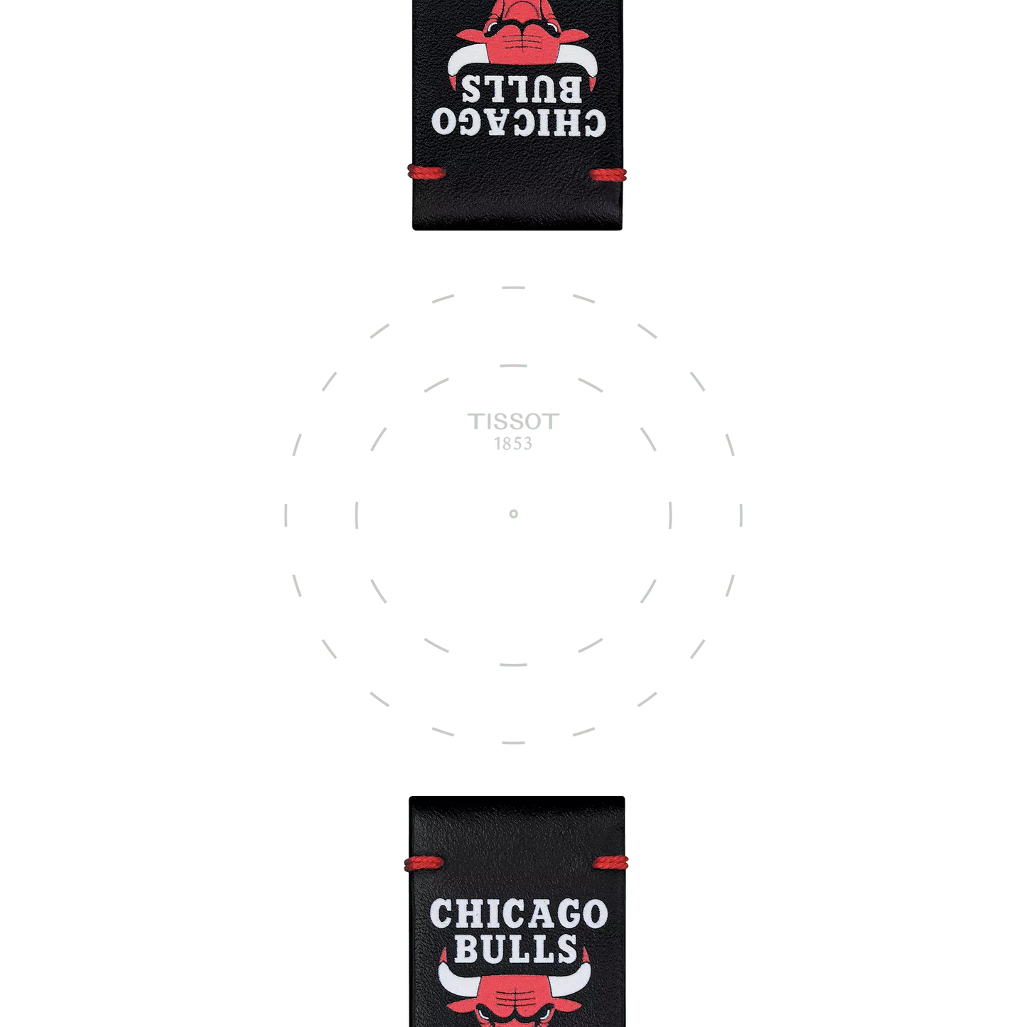 Black leather watch straps, featuring the Chicago Bulls logo and text at the top and bottom, are arranged above and below a faint dashed circular outline labeled "TISSOT 1853" in the center. The product displayed is the Tissot Official Black Leather Strap Lugs 22 mm by Tissot, set against a white background.