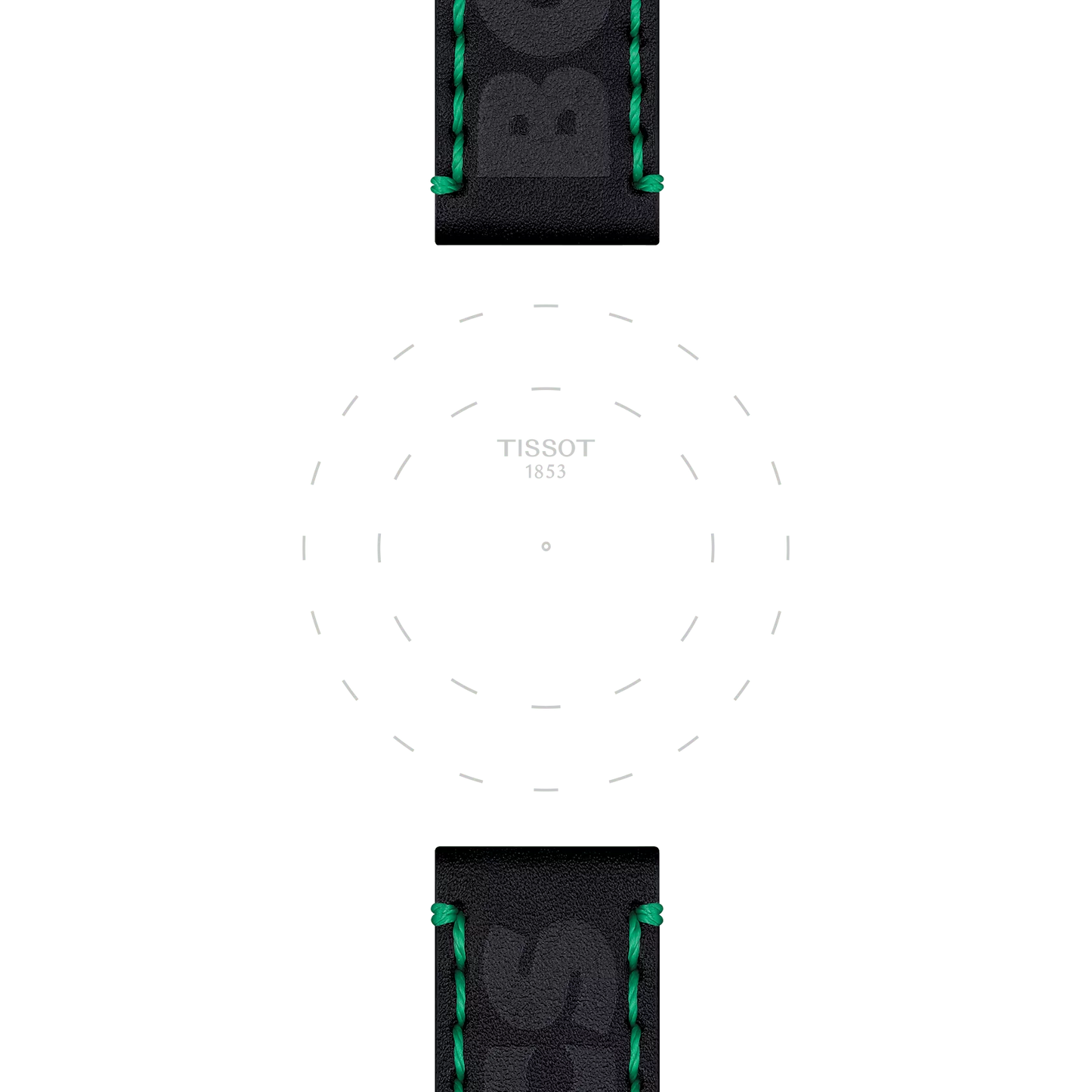 Minimalist image showcasing the Tissot Official Black Leather Strap (22 mm Lugs) featuring green stitching, with "TISSOT 1853" centered between the two black leather straps.