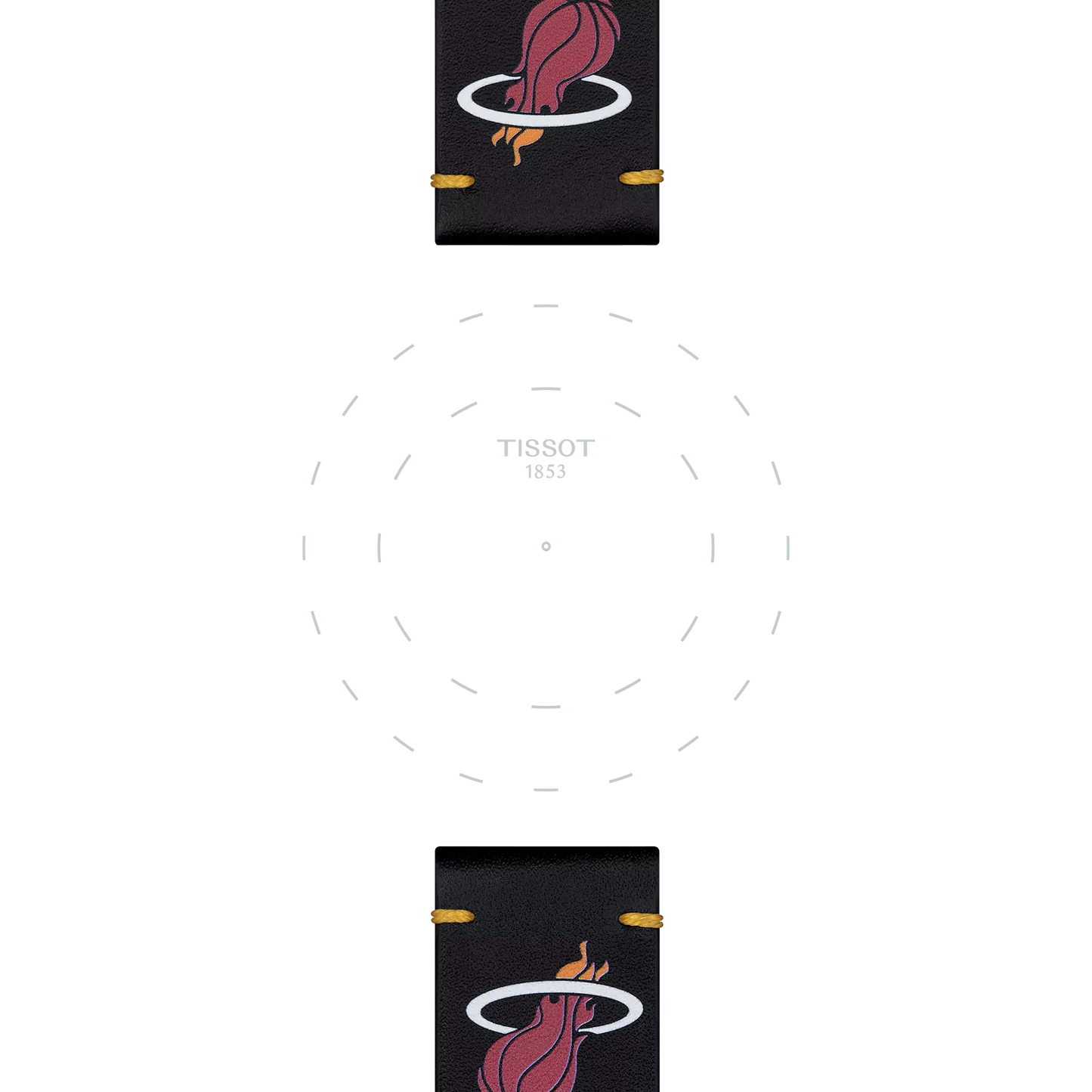 Black leather strap segments from the Tissot Official Black Leather Strap Lugs 22 mm, branded by Tissot, featuring the Miami Heat logo, are shown at the top and bottom framing a blank Tissot watch face illustration in the center.