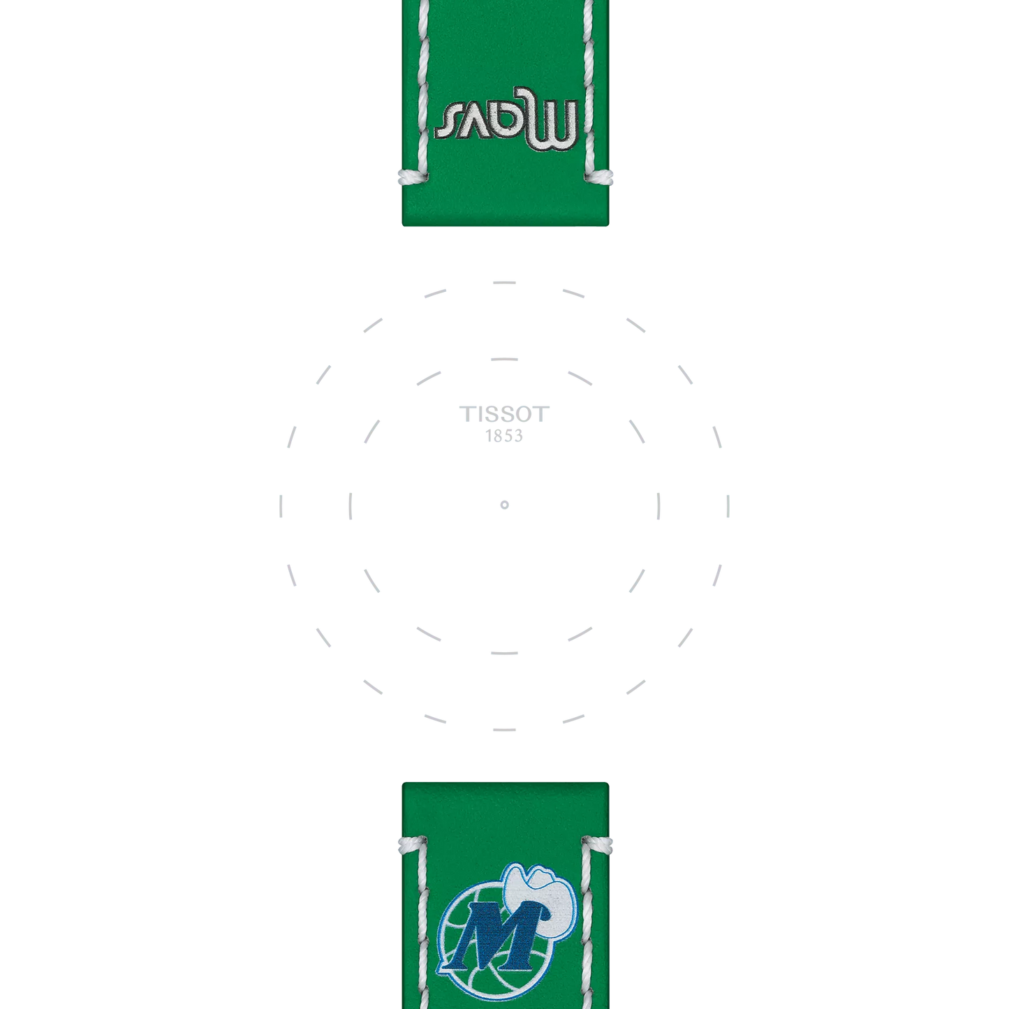Tissot Official Green Leather Strap Lugs 22 mm featuring white stitching, upside-down “Mavs” text on one end, and a Dallas Mavericks retro logo with a cowboy hat on the other, surrounding a watch face outline labeled "Tissot 1853.