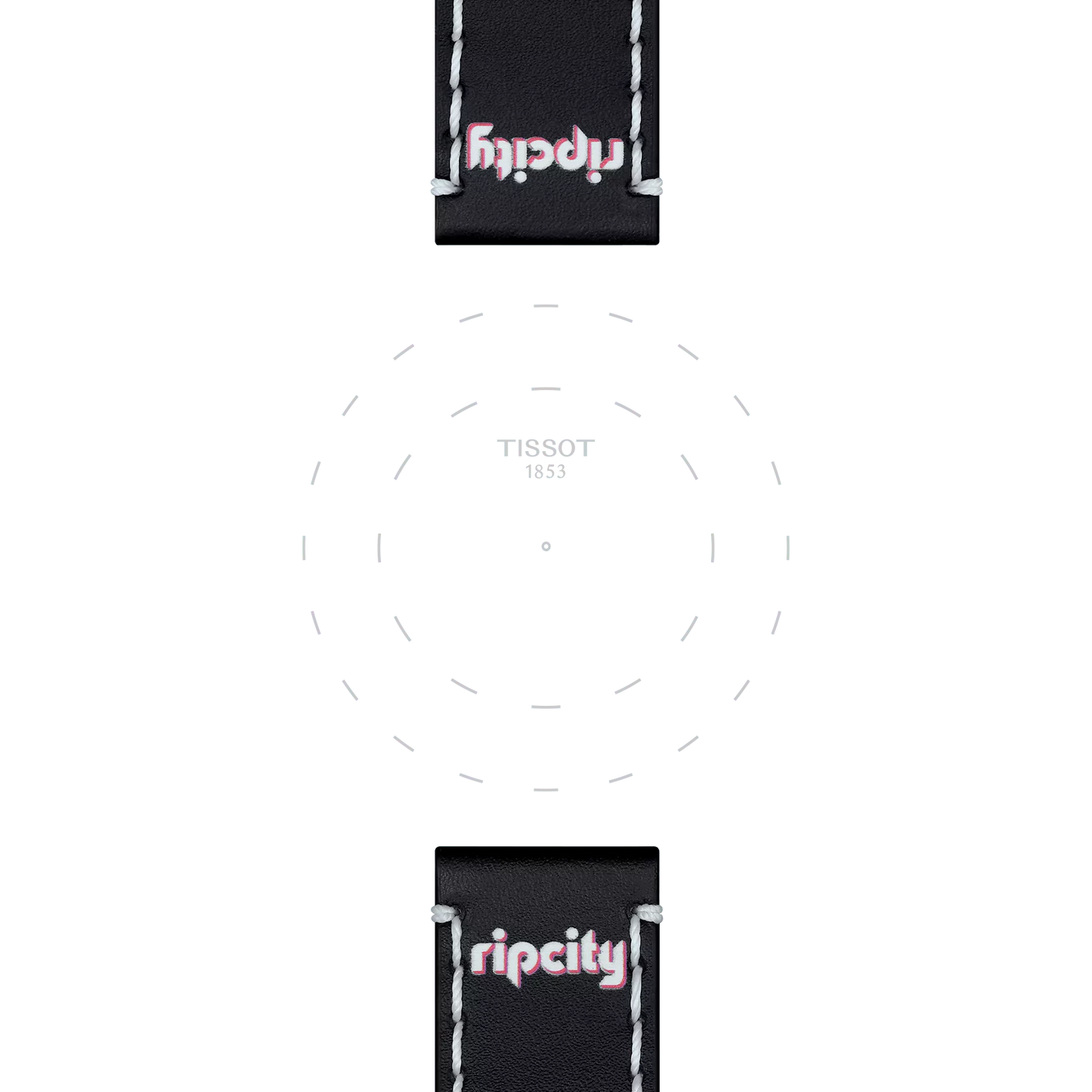 A minimalistic watch face featuring the Tissot logo at the center, paired with black leather straps (Tissot Official Black Leather Strap Lugs 22 mm) that display "Ripcity" stitched in white and pink at both ends. The design does not include any visible clock hands.