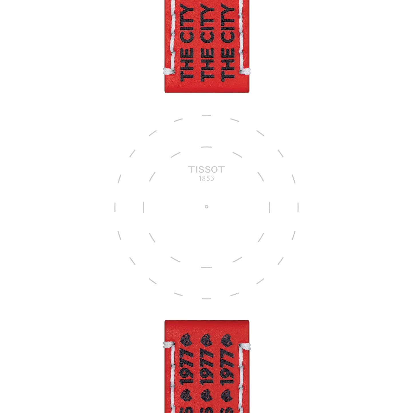 Tissot Official Red Leather Strap (22 mm lugs) featuring “THE CITY” text at the top and “1977” at the bottom. The center is blank with faint circular guidelines and "TISSOT 1853" subtly written in the middle.