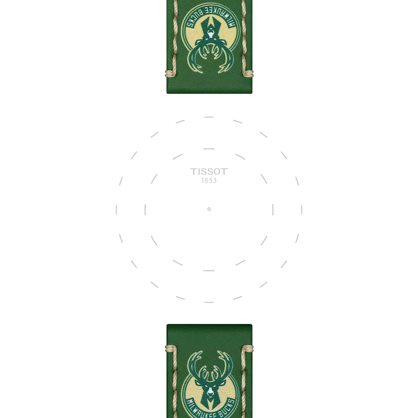 Green Tissot Official 22 mm leather watch straps featuring Milwaukee Bucks NBA team logos at both ends, vertically positioned around a blank white Tissot watch face with dashed hour markers.