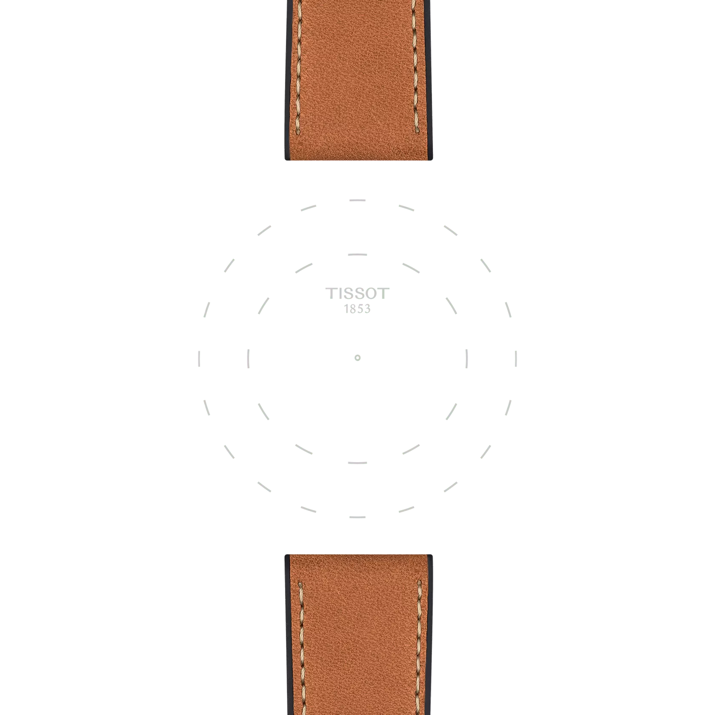 A brown Tissot Official Leather Strap (Lugs 23 mm) featuring visible stitching at both ends frames a blank white watch face, which displays "TISSOT 1853" in the center with dotted hour markers.