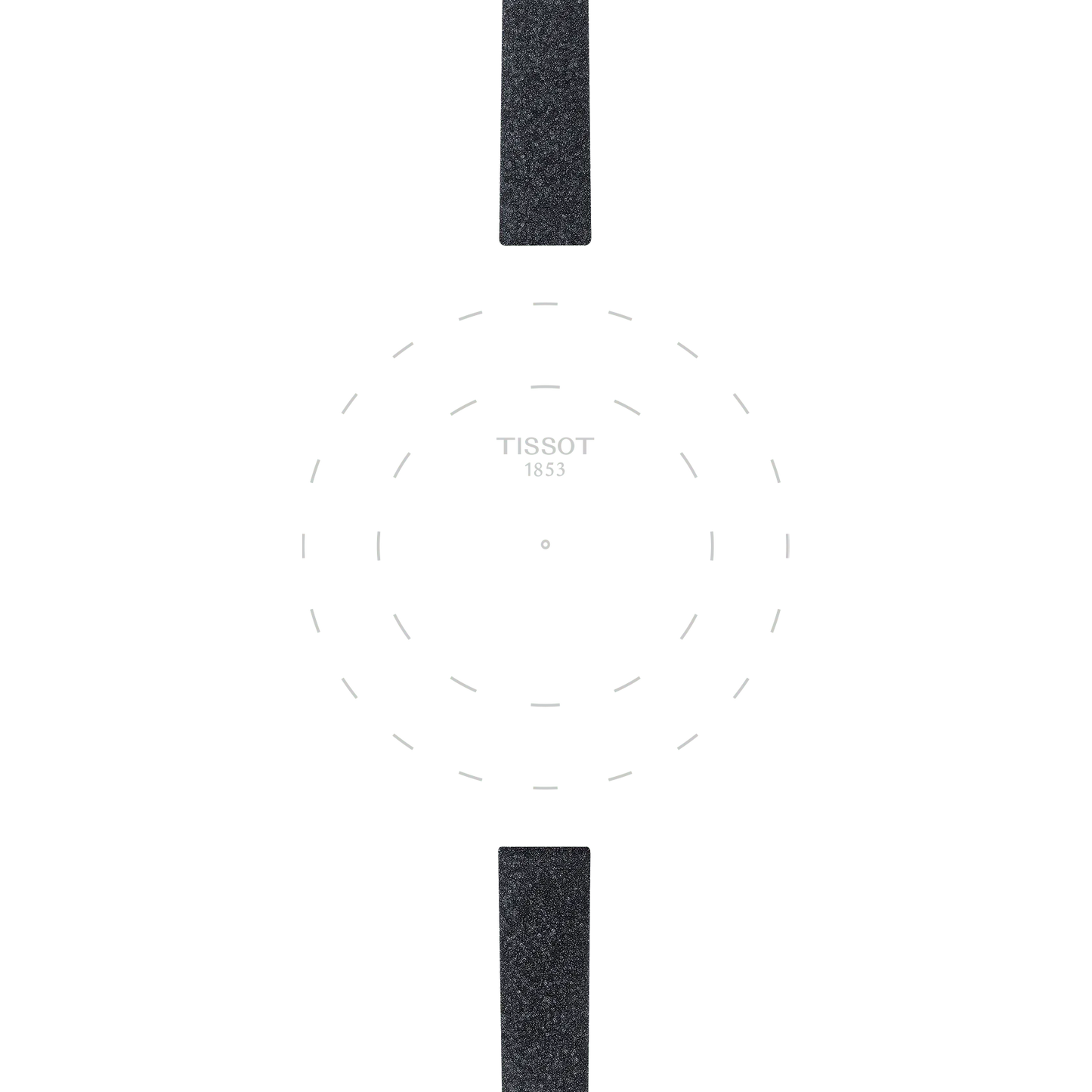Minimalist Tissot Official Black Synthetic Strap Lugs 9mm watch face, featuring only the Tissot brand name, subtle dotted circles, and two black synthetic strap lugs (9mm) at the top and bottom. No numbers or hands are present.