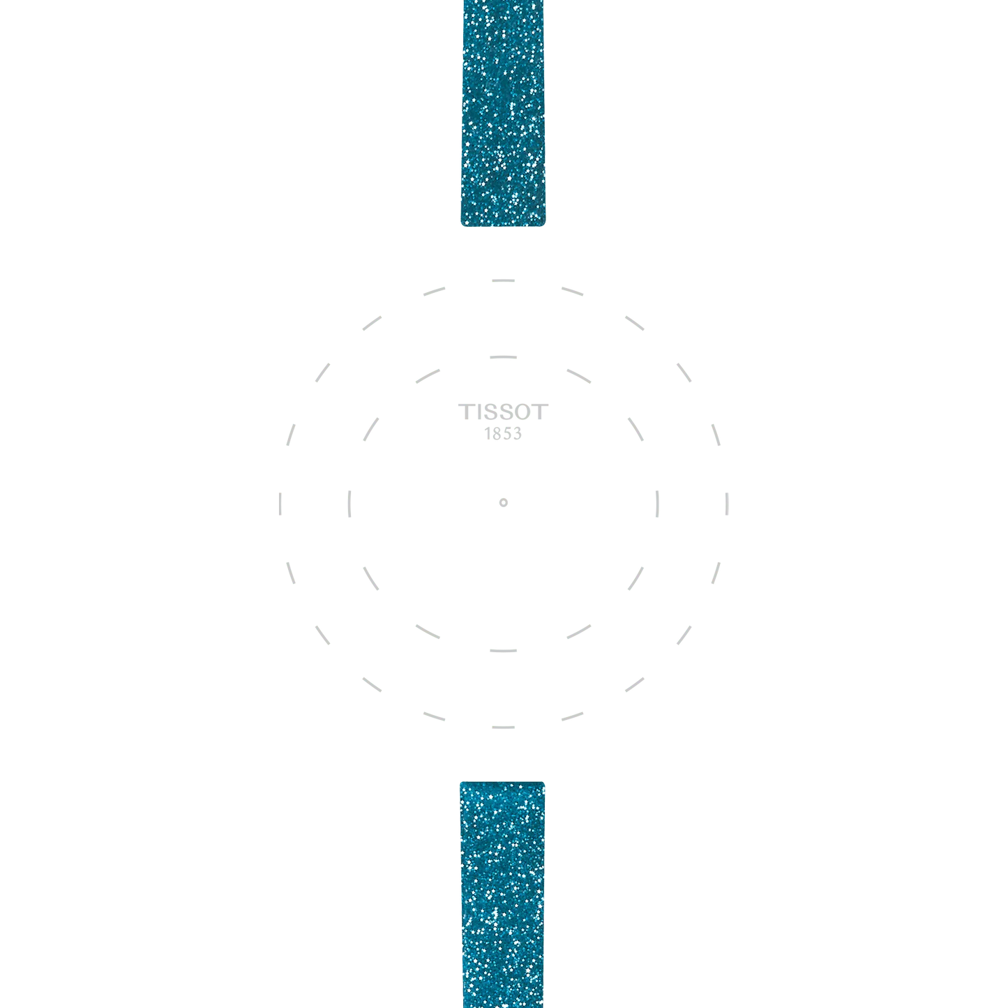 Featuring a minimalist watch face with dotted circular markers, the center displays the "TISSOT 1853" text, while two textured blue synthetic strap lugs (9mm) from Tissot’s Official collection are positioned at the top and bottom on a white background, resembling watch straps.