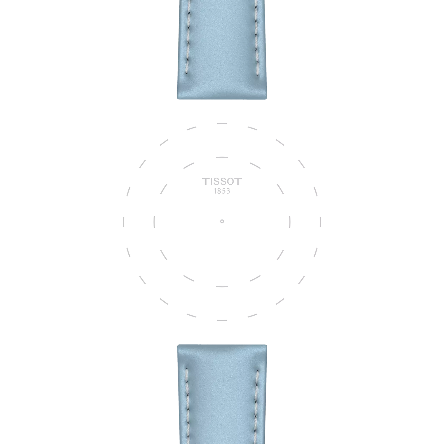 A watch face template with dashed circles and "TISSOT 1853" at the center, showcasing two Tissot Official Blue Leather Strap Lugs (18 mm) at the top and bottom, set against a plain white background.