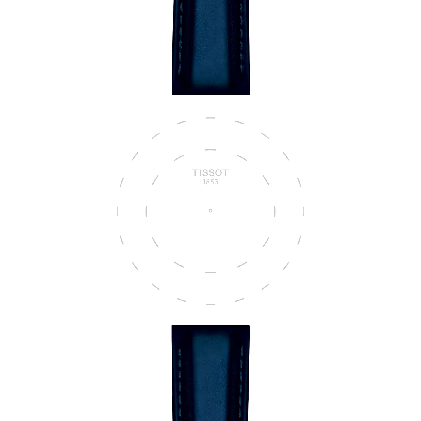 Minimalist image of a watch face with "Tissot 1853" in the center, dotted circle markers, and two Tissot Official Blue Synthetic Strap Lugs (18mm) at the top and bottom against a white background.