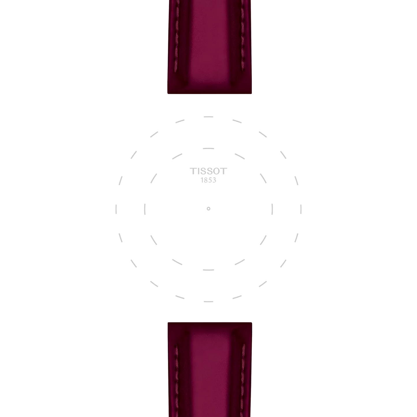 A minimalist watch face featuring "Tissot 1853" at the center, dotted hour markers, and two ends of the Tissot Official Red Synthetic Strap Lugs 18 mm visible at the top and bottom. The background is white.