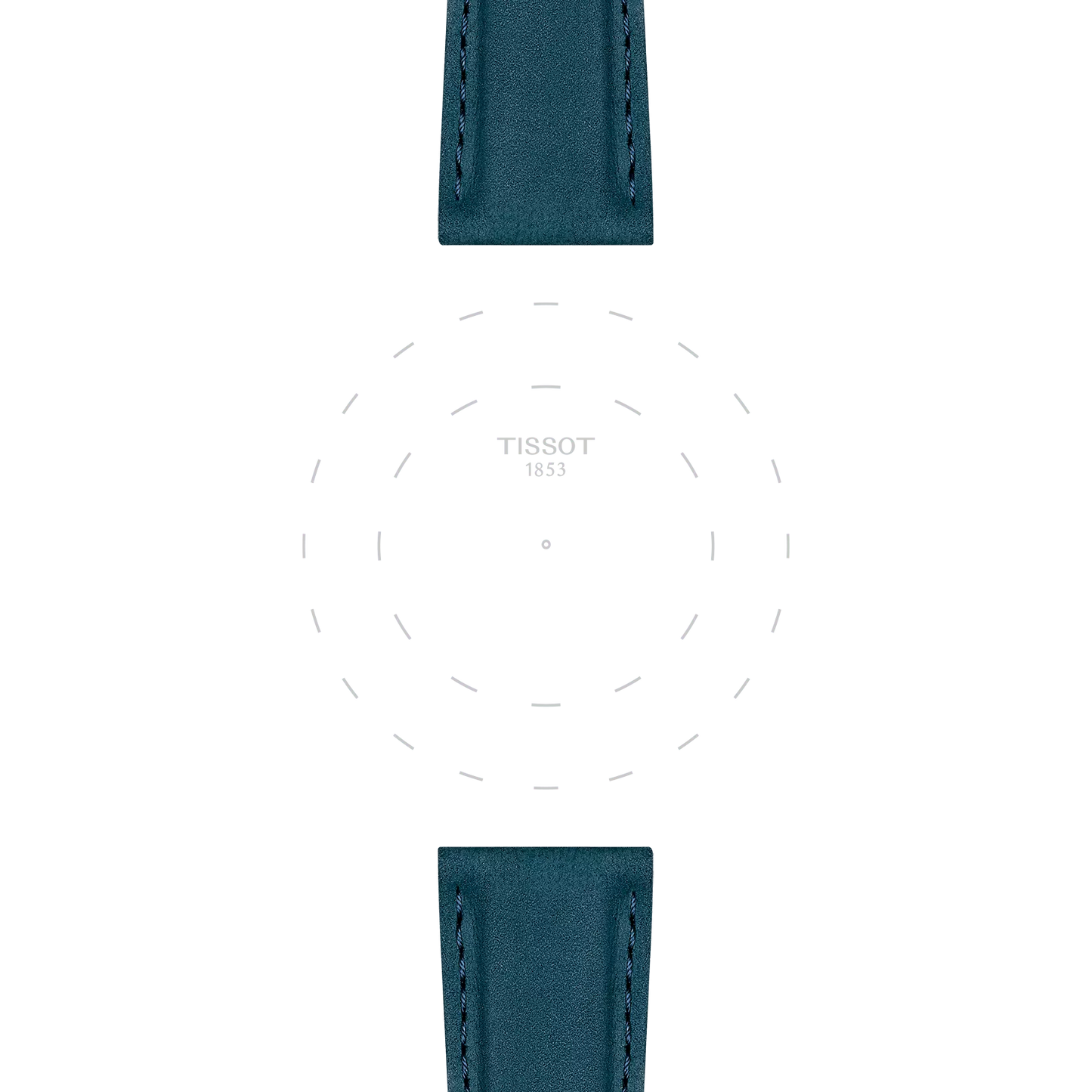 Two Tissot Official Blue Leather Straps, each with visible stitching and 21 mm lugs, are placed above and below a blank Tissot watch face displaying only the brand name “TISSOT 1853” and faint dashed circles, without any hands or markers.
