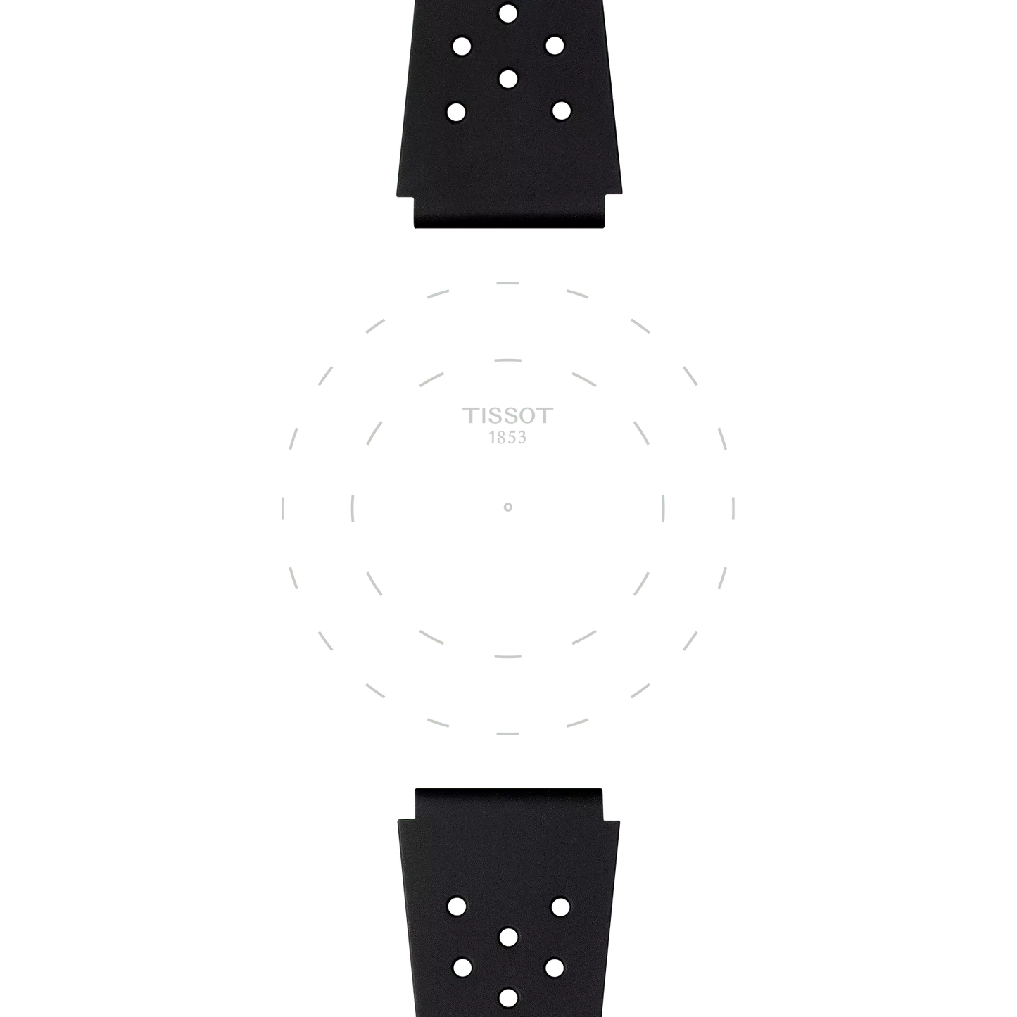 Minimalist image featuring a blank Tissot watch face without hands or numbers, bordered by dashed markers, and showcasing two Tissot Official Black Sideral Rubber Straps positioned at the top and bottom on a white background.