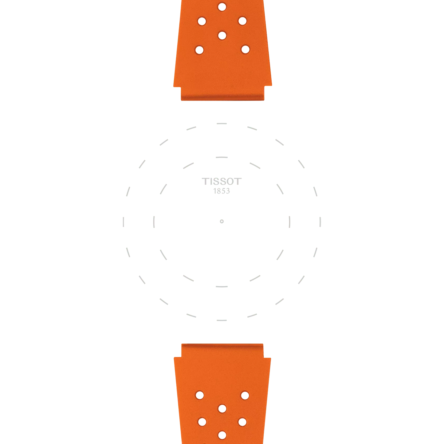 Minimalist image displaying two Tissot Official Orange Sideral Rubber Straps—one positioned at the top and one at the bottom—with the Tissot brand name and dashed lines indicating a watch face in the center against a white background.
