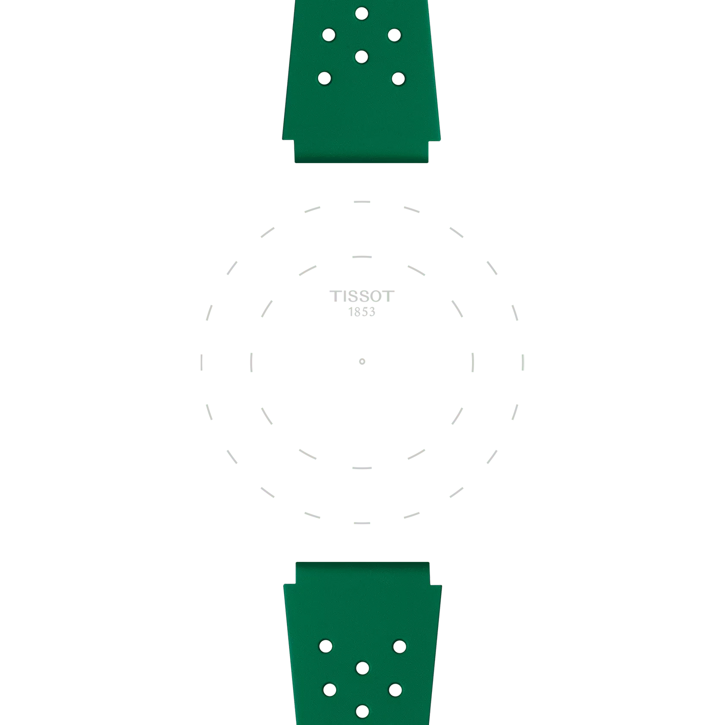 Two Tissot Official Green Sideral Rubber Straps are placed above and below a white, empty watch face featuring the "TISSOT 1853" logo in the center. The dial has no hour or minute markers—only dashed lines forming a circle.