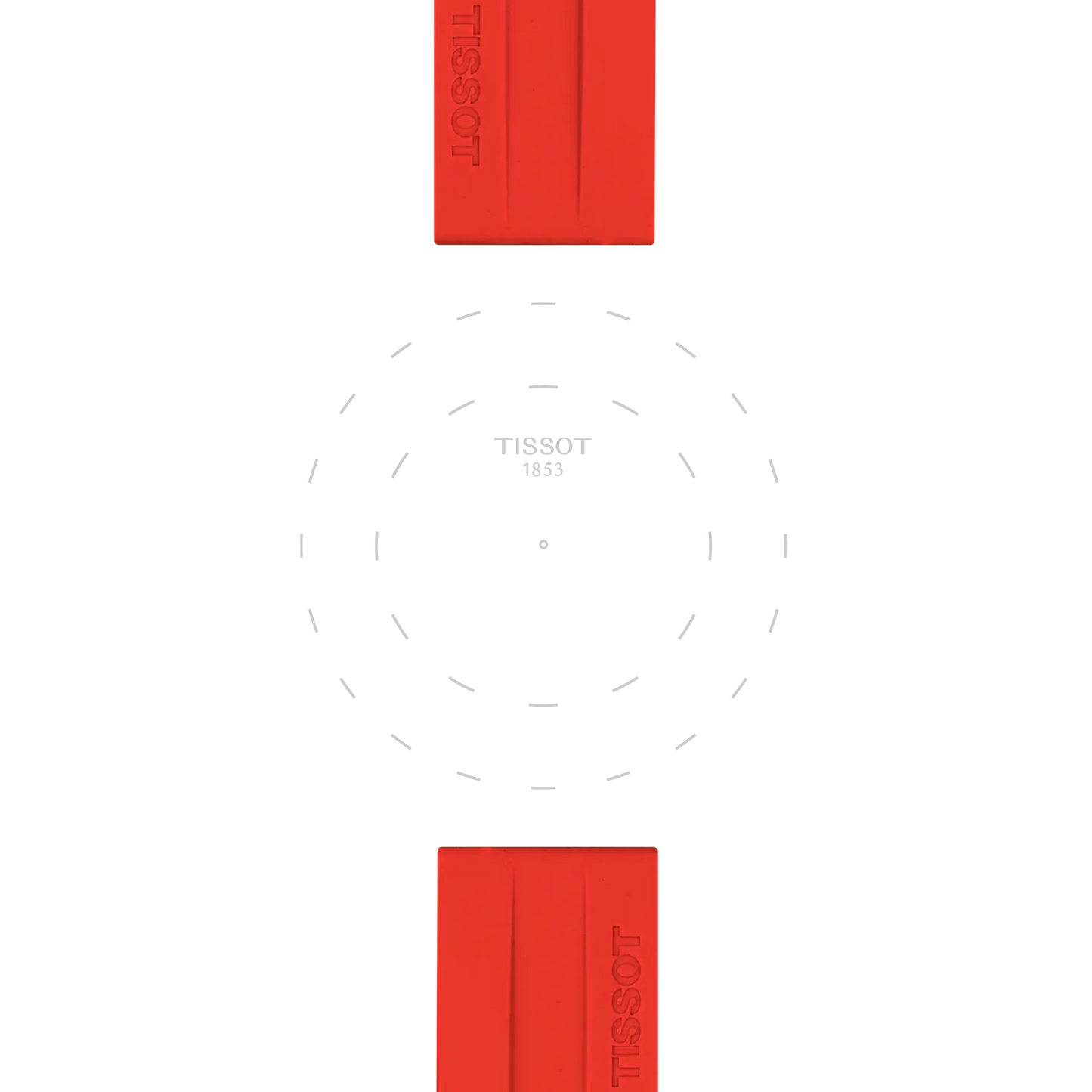 The Tissot Official Red Silicone Strap Lugs 22 mm features a minimalist design with two red rectangular shapes labeled "TISSOT" at the top and bottom, complemented by a faint circular dashed outline with "TISSOT 1853" text at the center, set against a white background.