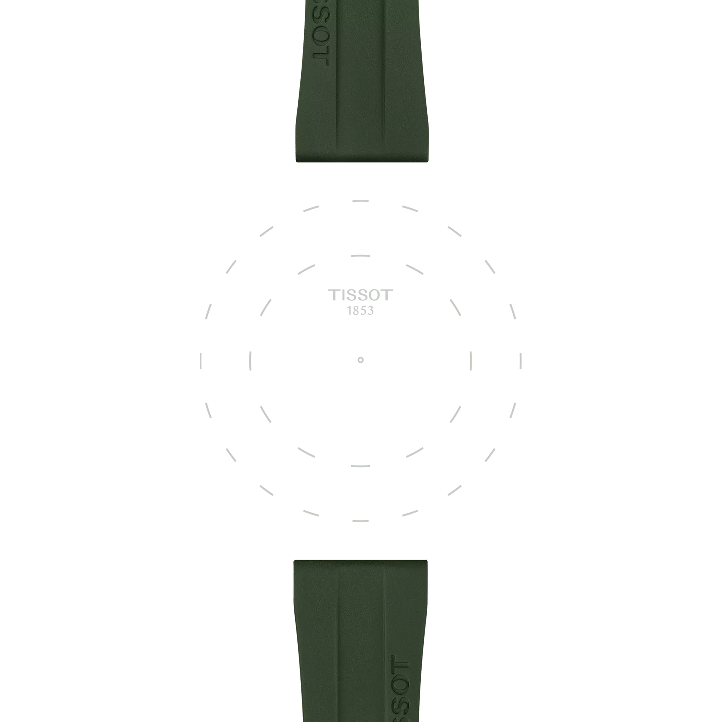 Tissot Official Khaki Rubber Strap lugs, 20mm, displayed above and below a subtly outlined circular Tissot 1853 watch face on a white background.