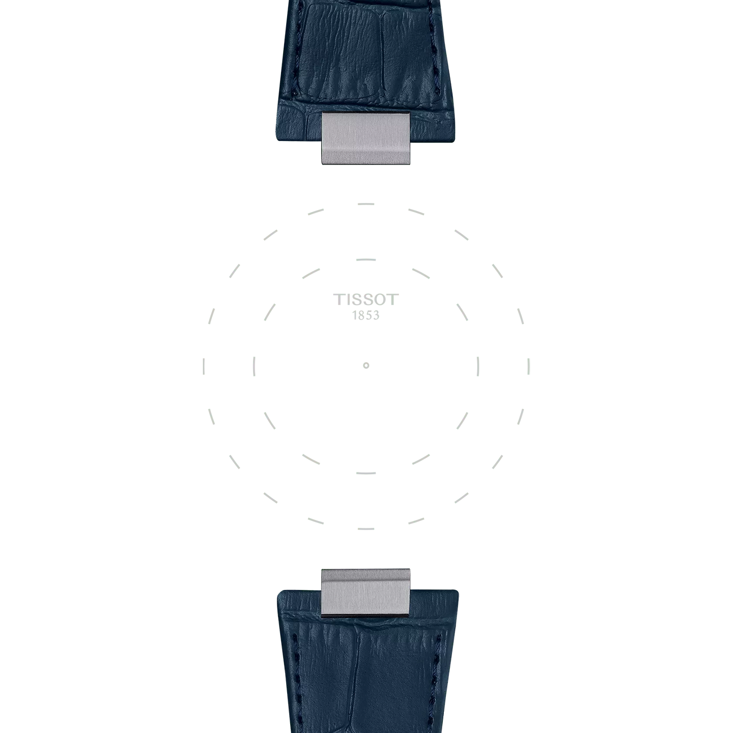 Two Tissot Official Blue PRX 42mm leather straps with silver clasps are displayed opposite each other, set against a white background featuring a dotted circle and the "TISSOT 1853" text in the center.