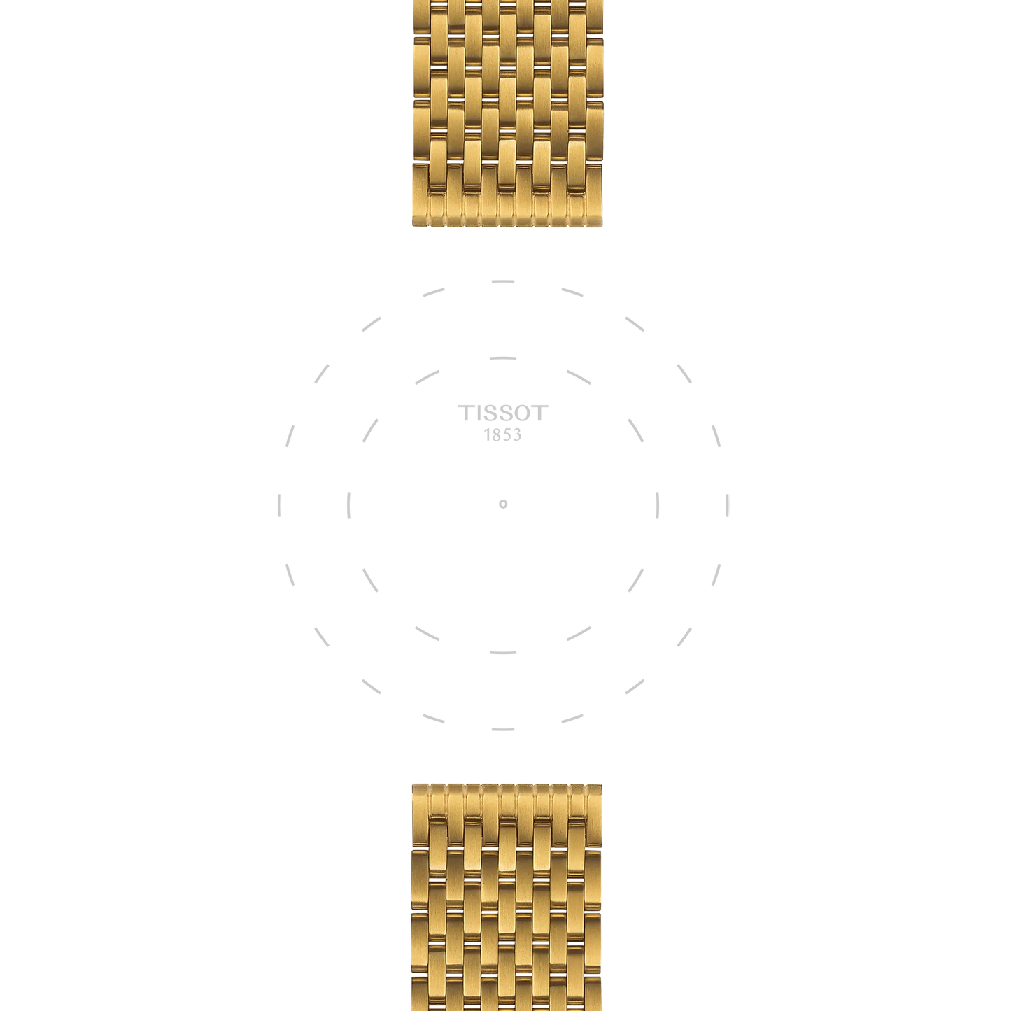 A partial view of the Tissot Official Stainless Steel PVD Yellow Bracelet (20mm lugs) appears at the top and bottom, with a faint dotted outline of a watch face and "TISSOT 1853" text centered on a white background.