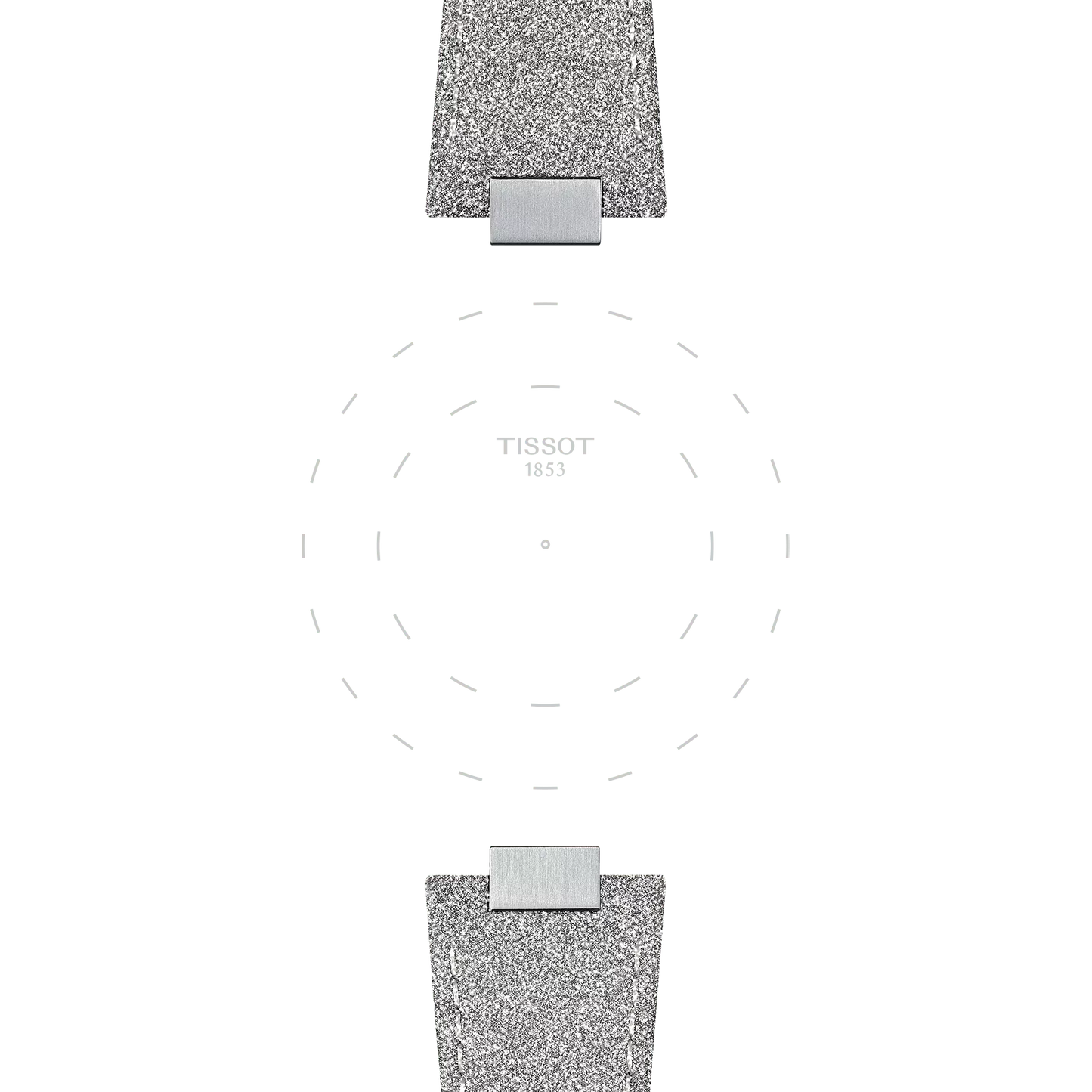 Two shimmering grey Tissot PRX 35mm synthetic straps are displayed on a white background, with no watch face shown. The faint "TISSOT 1853" brand name is centered, encircled by dashed lines.