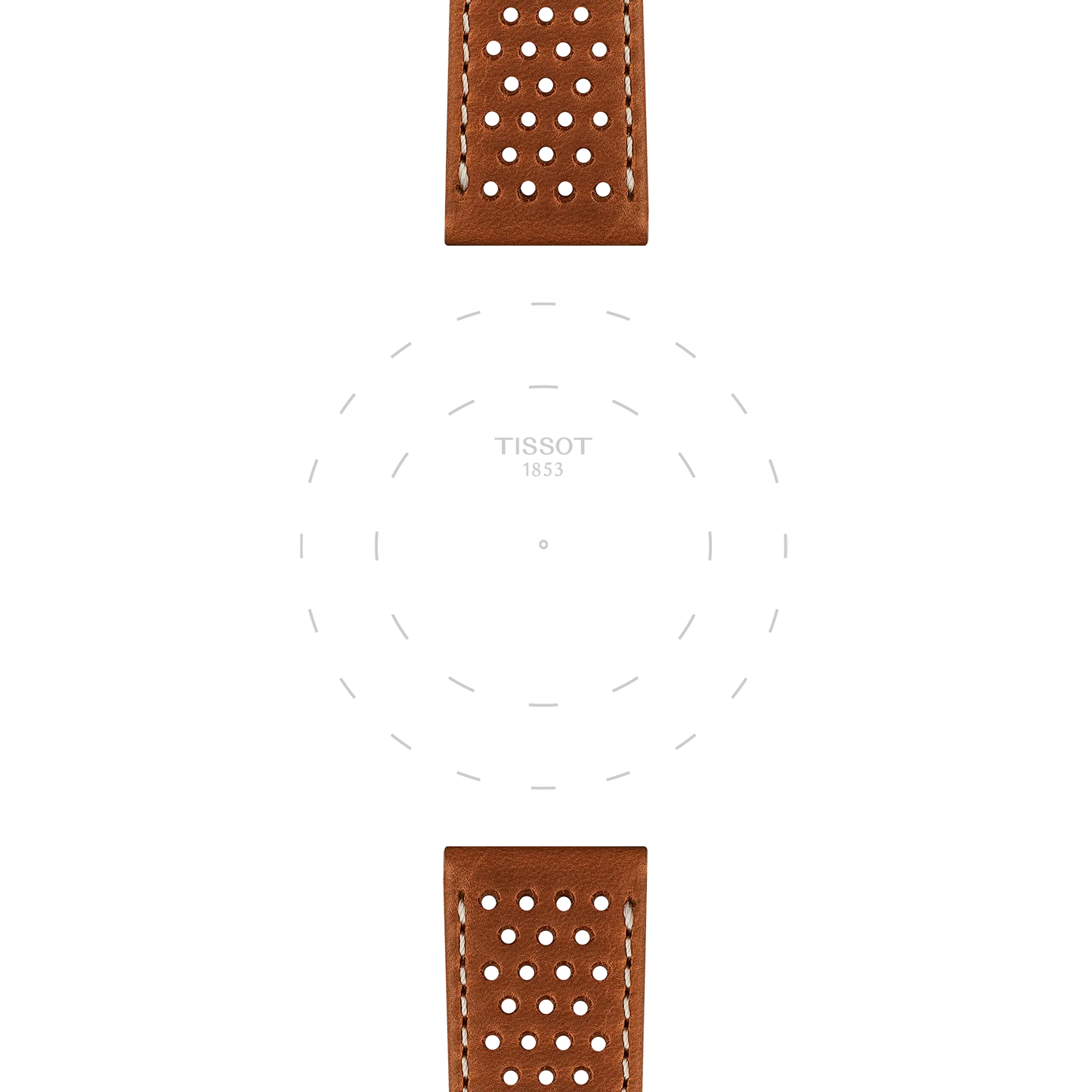 Two Tissot Official Light Brown Leather Straps (Lugs 20 mm) are displayed, placed at the top and bottom of a white background accented with faint dotted circles and "TISSOT 1853" printed in the center.