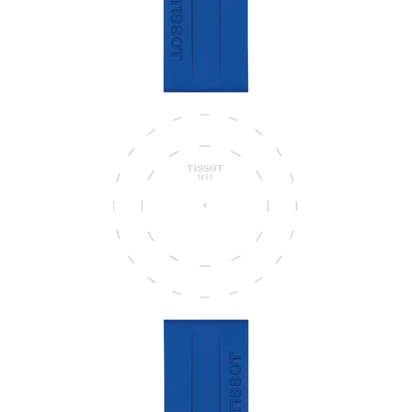 Two Tissot Official Blue Silicone Straps with 22mm lugs are displayed above and below a faint, dashed outline of a watch face featuring "TISSOT 1853" at the center, all set against a white background.