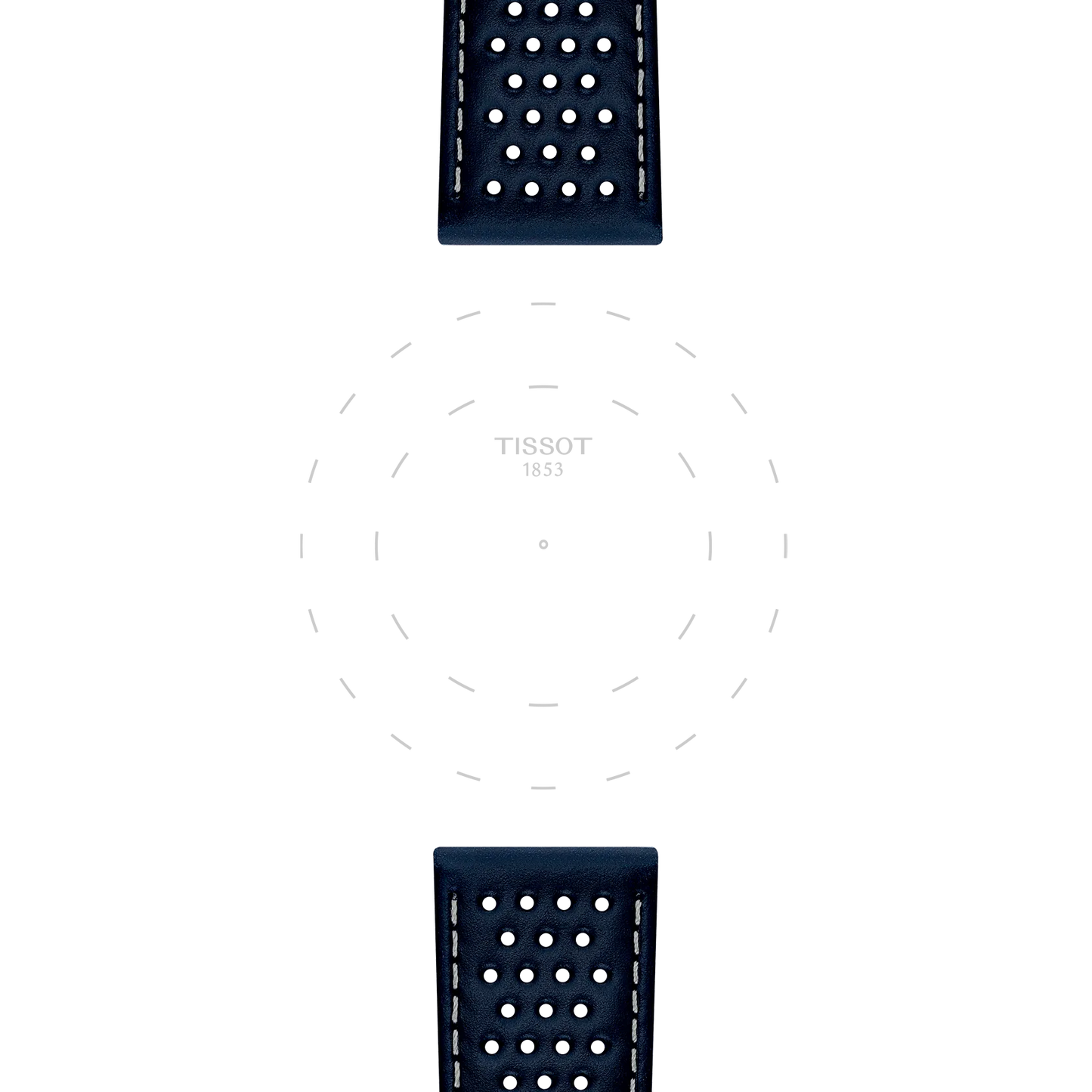 Two perforated dark blue Tissot Official Blue Leather watch straps (22mm lugs) are positioned at the top and bottom of a white background. "TISSOT 1853" appears in the center, surrounded by faint dashed lines forming circles, but no watch face is visible.