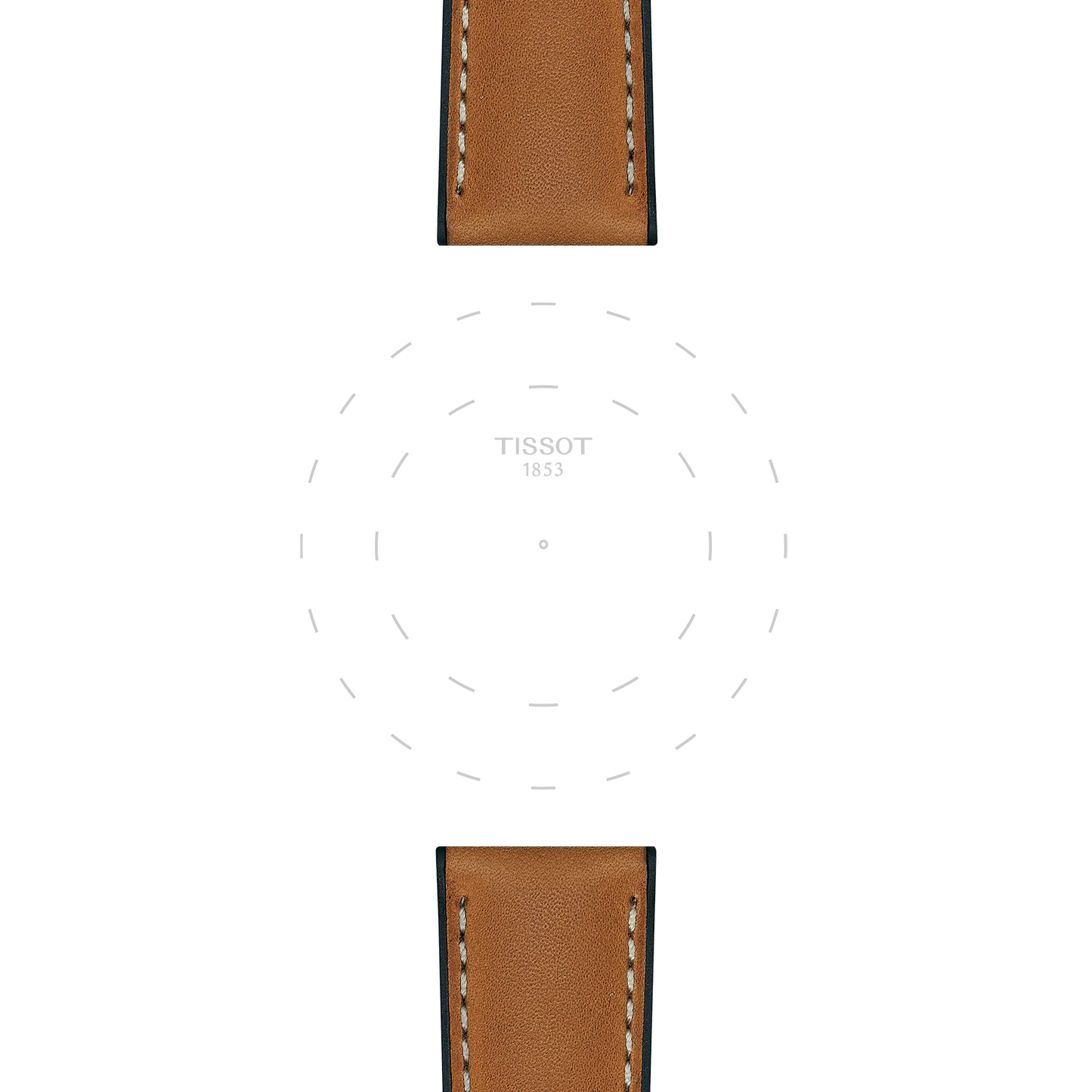 Light brown leather watch straps from Tissot, designed for 21 mm lugs, with white stitching are shown at the top and bottom of the image. "TISSOT 1853" and dotted circles can be faintly seen in the center on a white background.