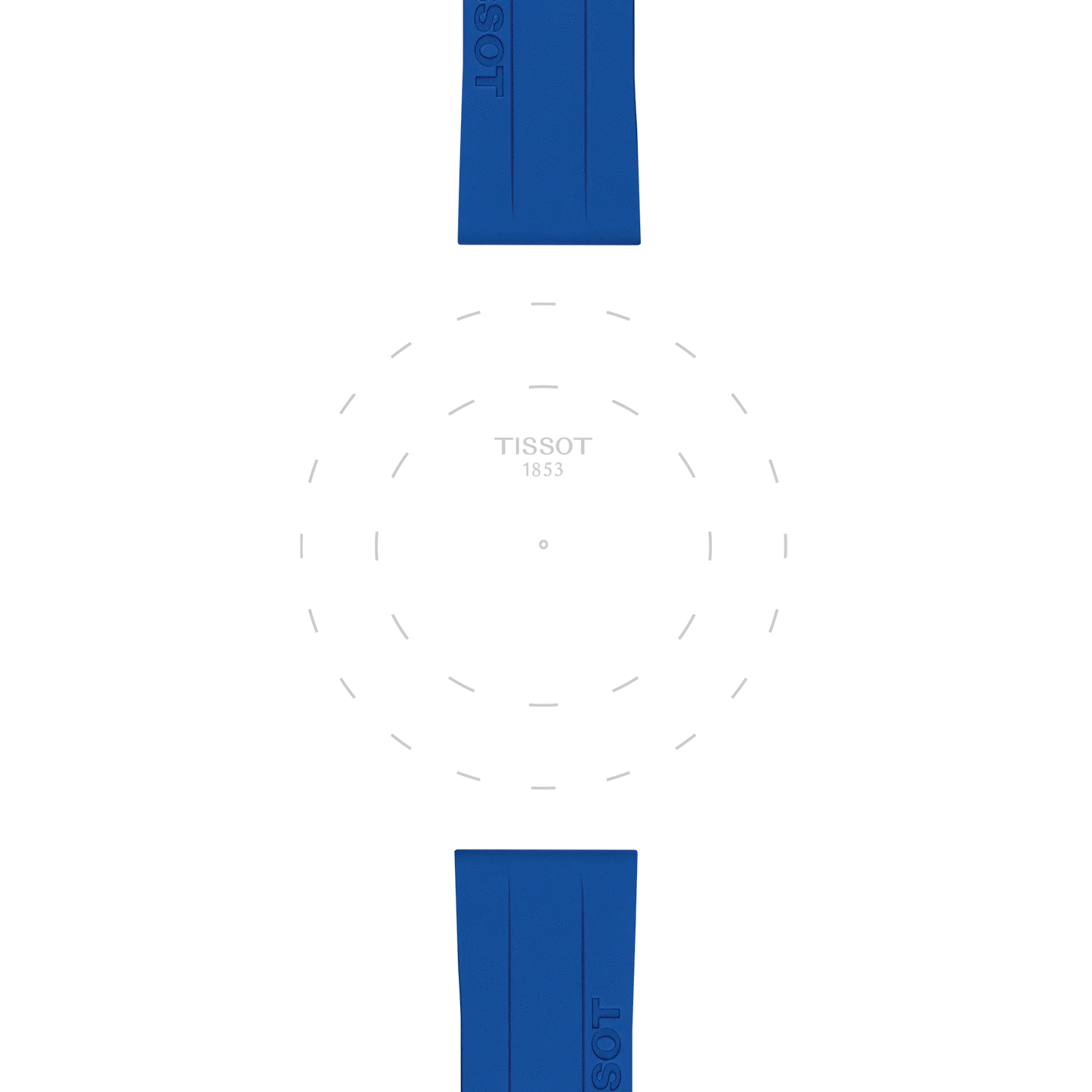 Blue Tissot Official Blue Silicone Strap Lugs 18 mm frame the top and bottom of a white background featuring the Tissot logo and “1853” at the center, surrounded by dashed gray concentric circles.
