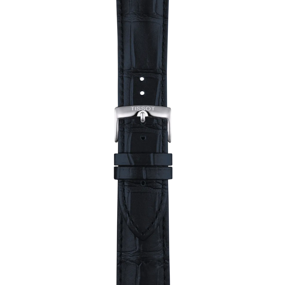 A blue leather watch strap from Tissot with 22mm lugs.