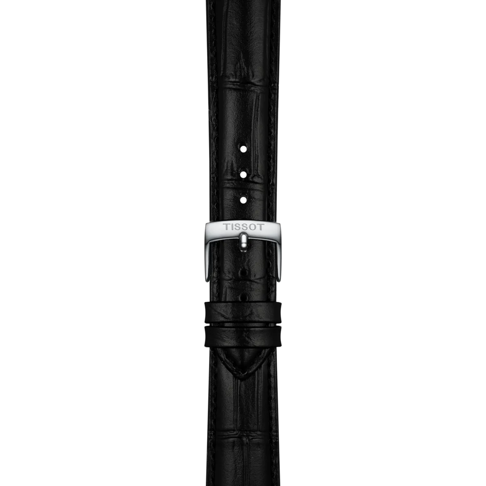 Tissot Official Black Leather Strap, featuring an alligator pattern and 18 mm lugs, includes a silver buckle engraved with "TISSOT" and two loops to secure the strap end. Shown on a plain white background.