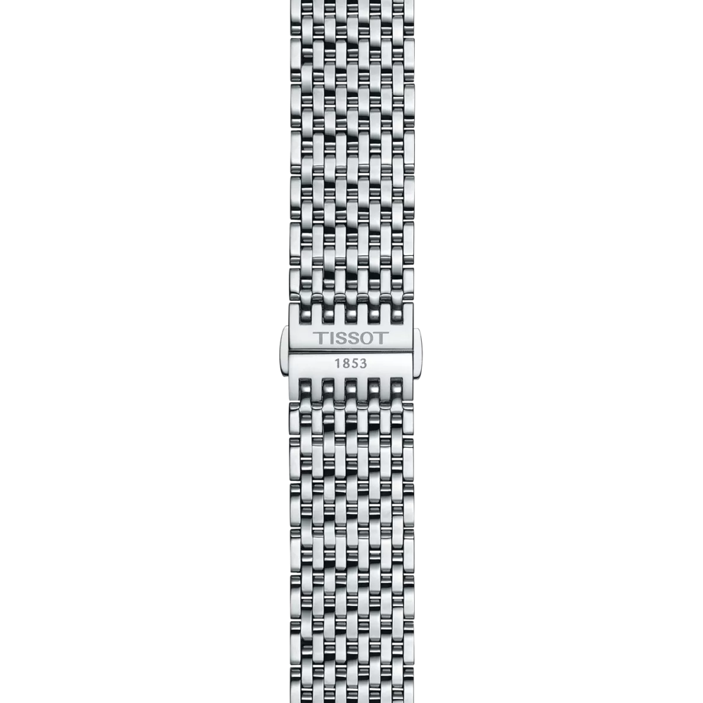 A close-up of the Tissot Official Stainless Steel Bracelet Lugs 20mm displays its multi-link design and a clasp engraved with "Tissot 1853," all set against a plain white background.