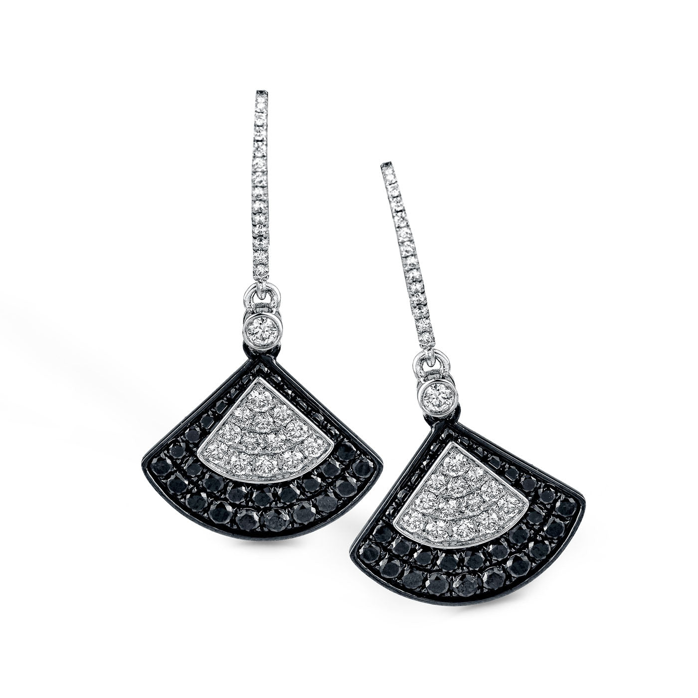 The Simon G. 18K White Gold Diamond Earrings showcase a fan-shaped design embellished with black and white gemstones. Inspired by Simon G., each earring features a delicate, dangling slender stem adorned with small clear stones, exuding sophistication and luxury.