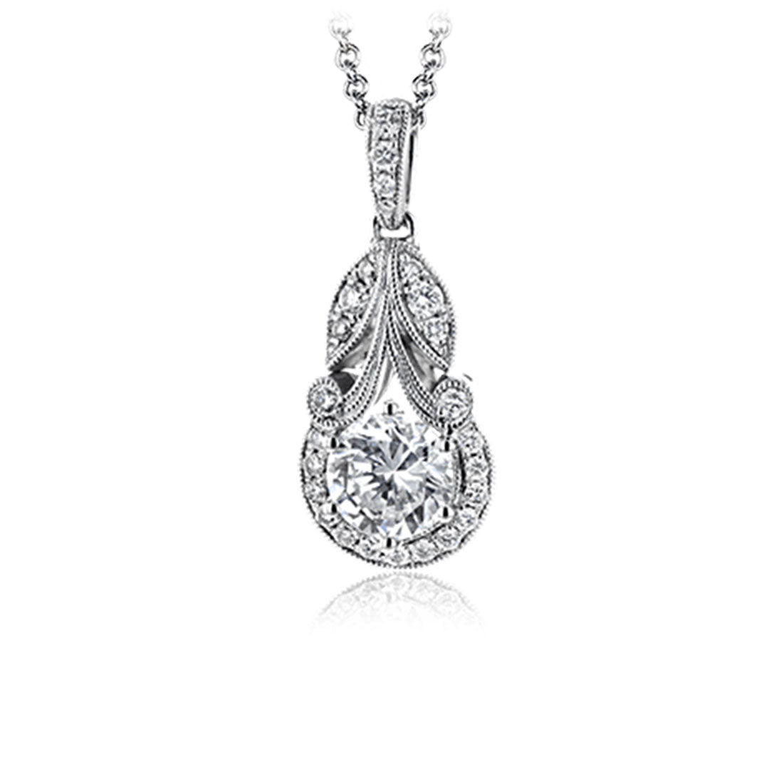 The Simon G. 18K White Gold Diamond Necklace Pendant features a vintage-inspired design with a large central round diamond, smaller accent diamonds, and intricate detailing, displayed on a white background.