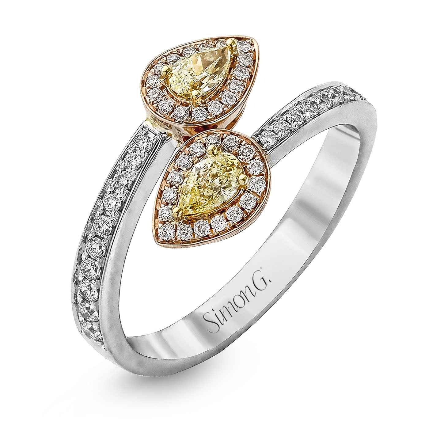 The Simon G. 18K Multi-Colour Diamond Fashion Ring by Simon G features a stunning design with two pear-shaped yellow diamonds encircled by smaller round diamonds. The band is further embellished with additional round diamonds, offering a brilliant combination of elegance and sparkle.