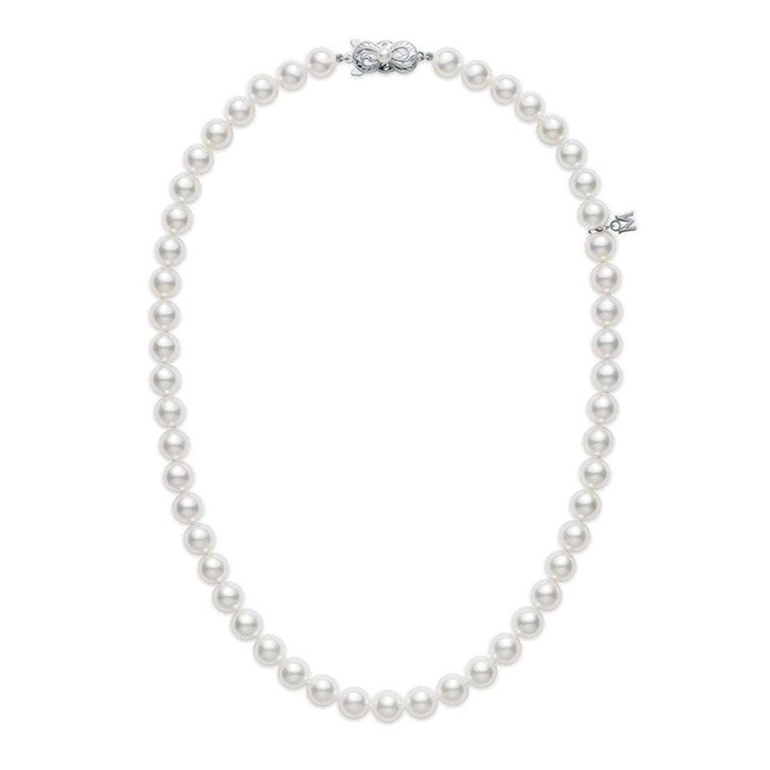 The Mikimoto 18K White Gold Akoya Cultured Pearl Strand Necklace features round pearls and a white gold clasp, displayed in an oval shape on a plain white background. Length: 16 inches.