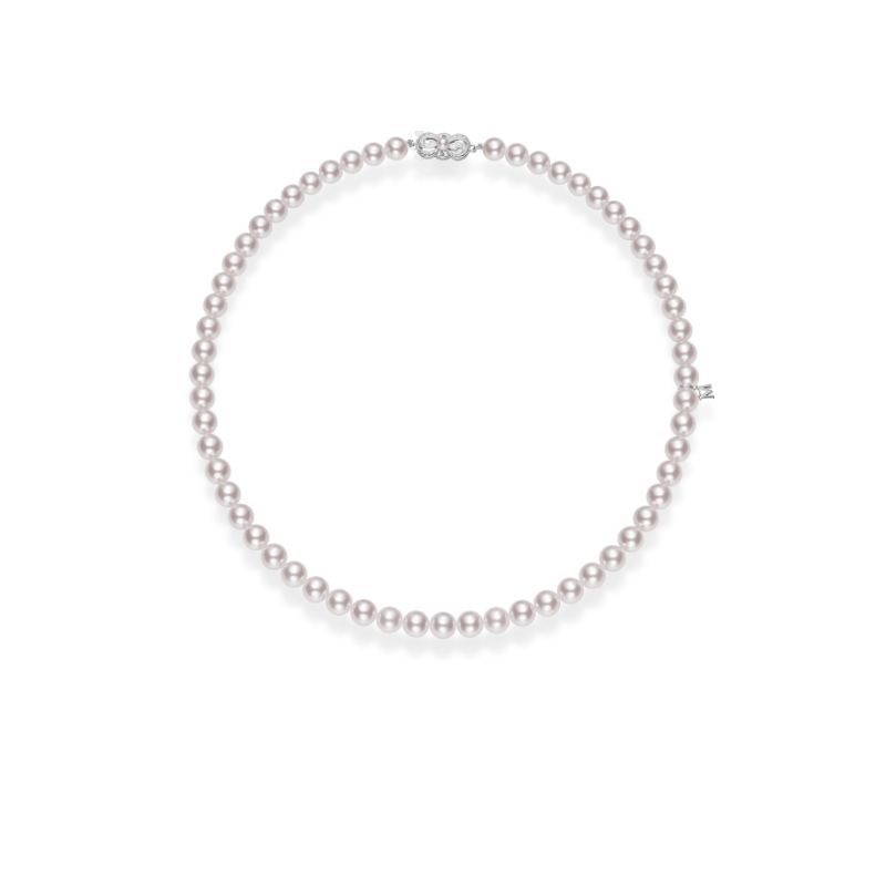 A classic and elegant necklace crafted by Mikimoto, the Akoya Cultured Pearl Strand Necklace features a string of exquisite pearls and is secured with an 18K white gold clasp at the top center.