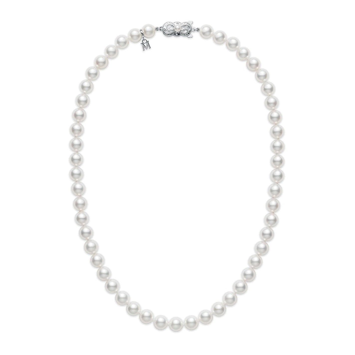 The Mikimoto Akoya Cultured Pearl Strand Necklace features evenly sized pearls and an 18K white gold clasp, elegantly arranged in a circle on a white background.