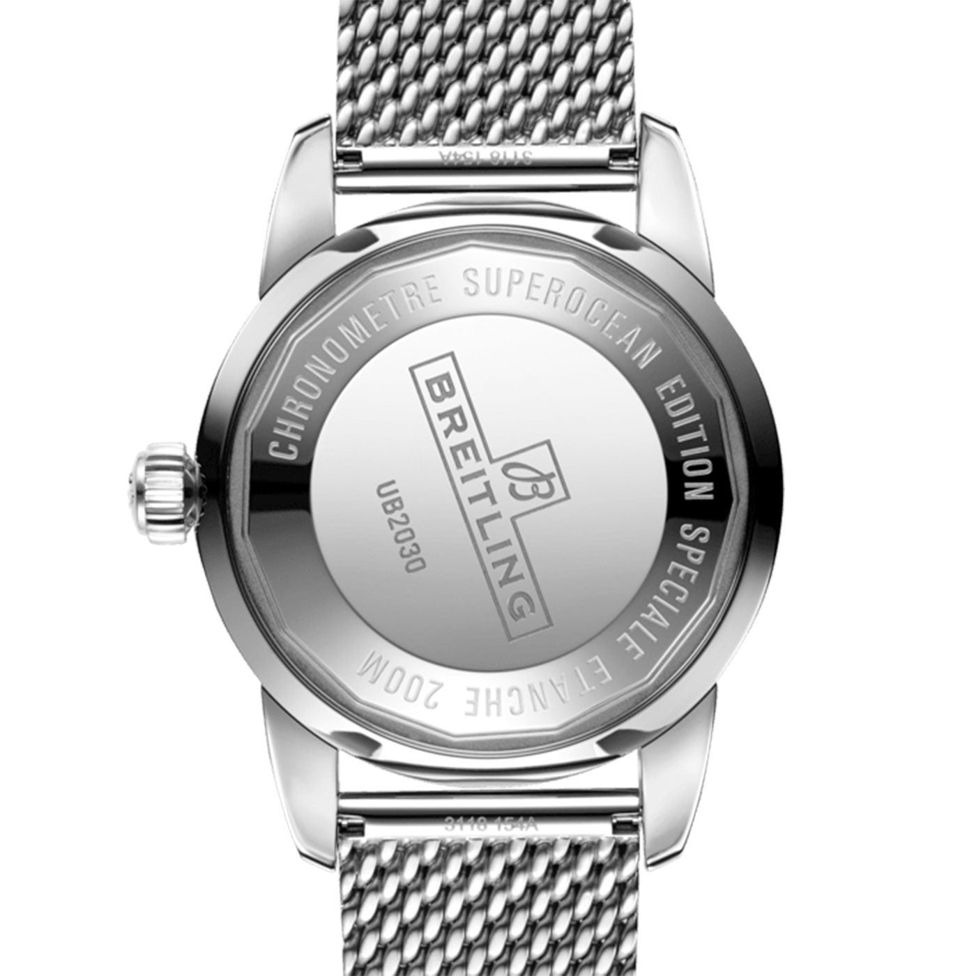 The back of a Breitling watch with a metal mesh strap showcases the branding and specifics of the BREITLING Superocean Heritage B20 Automatic 44, driven by the Breitling Manufacture Caliber B20. Meticulously crafted for enthusiasts, this diver’s watch combines style with precision.