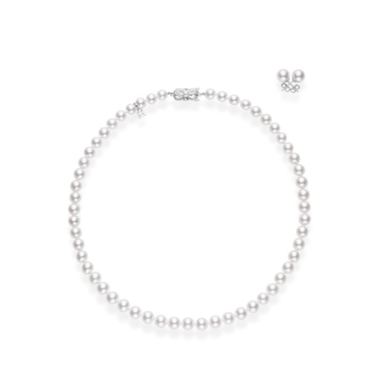 The Mikimoto 18K White Gold Akoya Cultured Pearl Strand Necklace, paired with its matching stud earrings, showcases a sophisticated design with the brand's signature clasp at the top. The lustrous Akoya cultured pearls stand out beautifully against the plain white background, creating an elegant coordinated jewelry set.