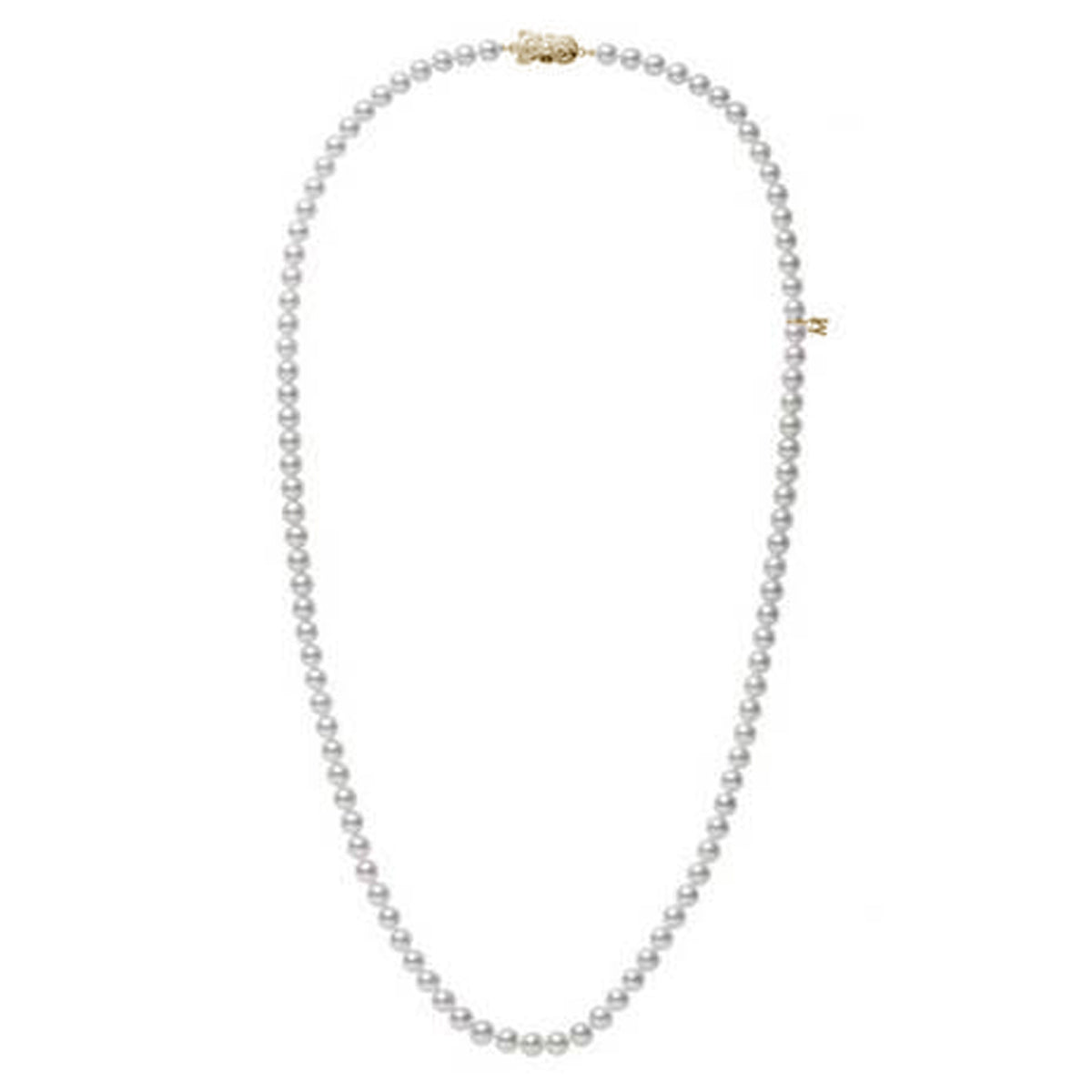 The Mikimoto 34 Inch Akoya Cultured Pearl Strand Necklace, featuring lustrous white pearls and an 18K yellow gold clasp, exhibits timeless elegance with its evenly spaced round pearls against a simple white backdrop.